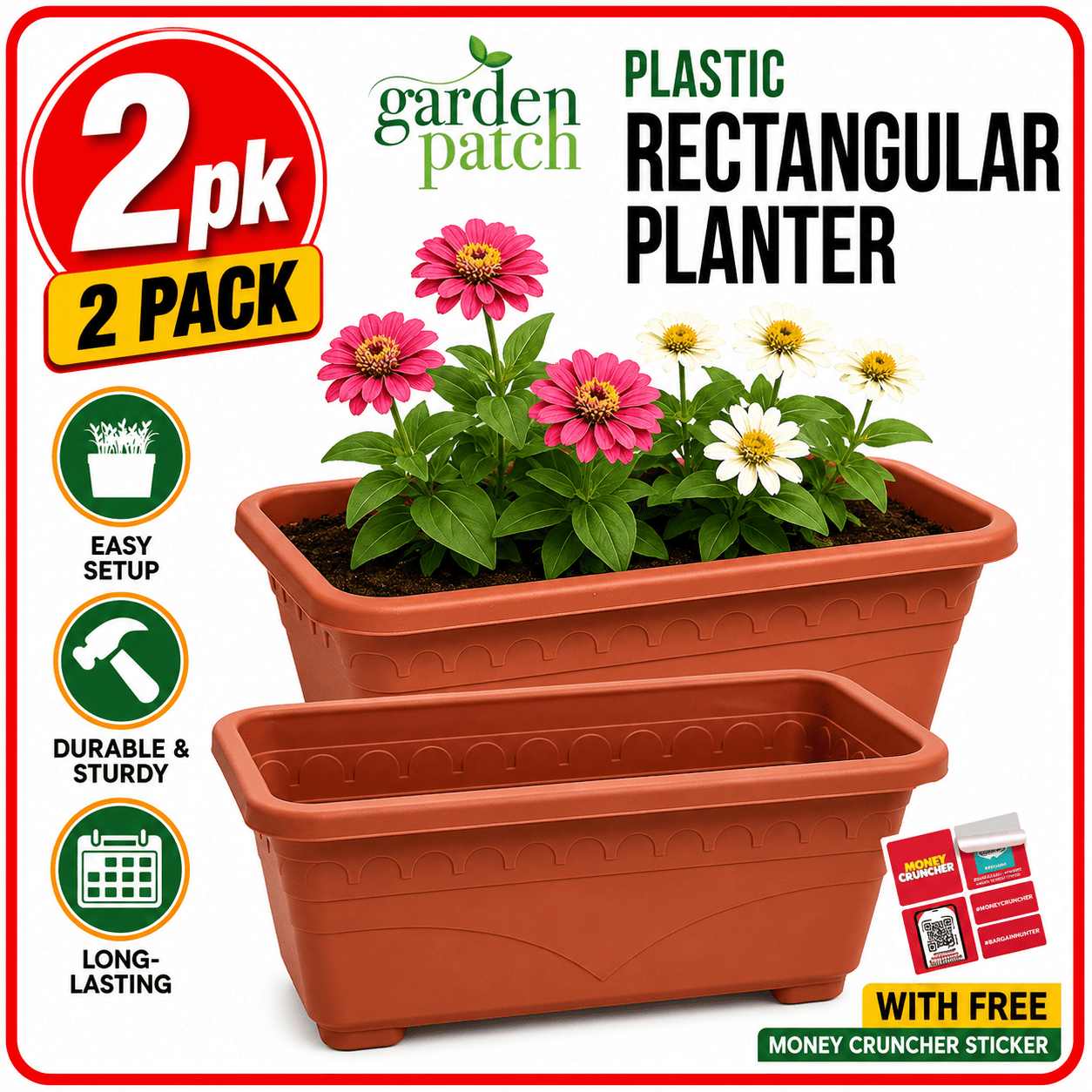 TEMU 2 Pack 30cm Rectangle Garden Planter Box | Plastic Troughs For Flowers, Vegetables & Herbs | Durable Lightweight Outdoor & Indoor Pots With