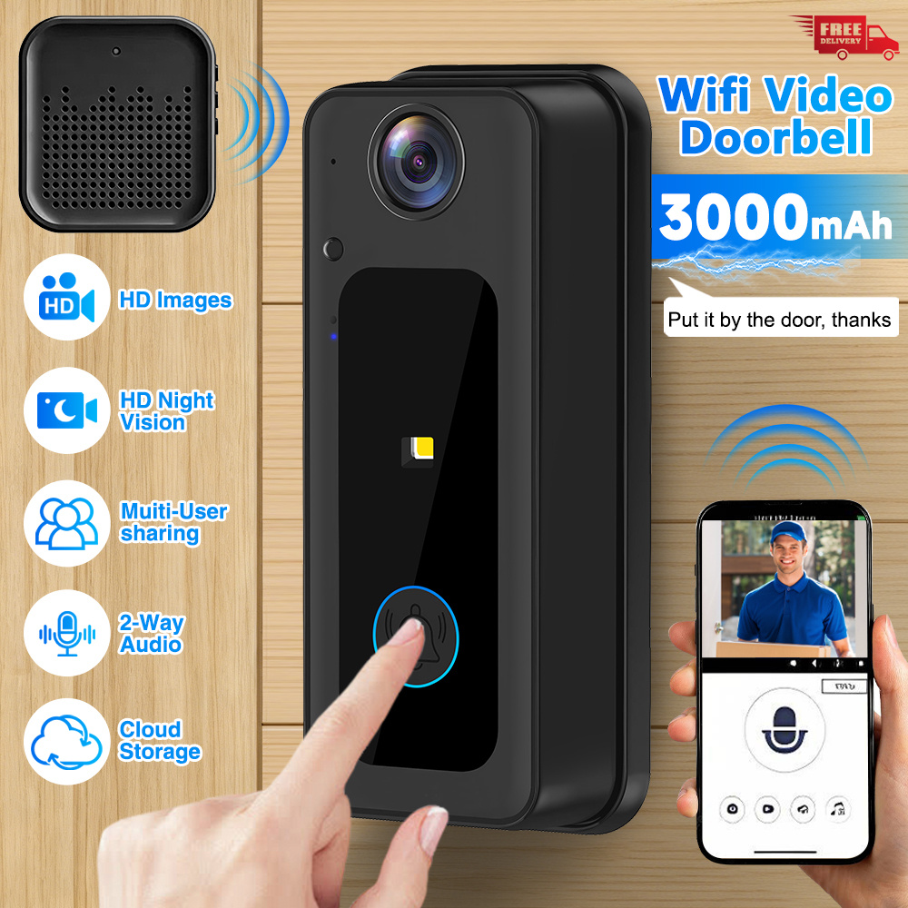 1080 p wireless wi fi video doorbell camera smart   with chime 2 4g wifi only smart wifi video doorbell camera security wireless camera with   two way audio 3000mah battery real time notifications cloud storage   use modern doorbell design durable build quality commercial security solution for   apartments offices hotels