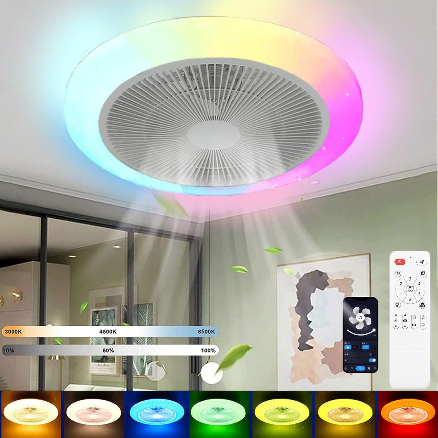 TEMU Plafoniera LED con Ventilatore, Ventilatore da Soffitto LED Smart con Lampada e Retroilluminazione RGB, Ventilatore Silenzioso con 6 Velocit� di