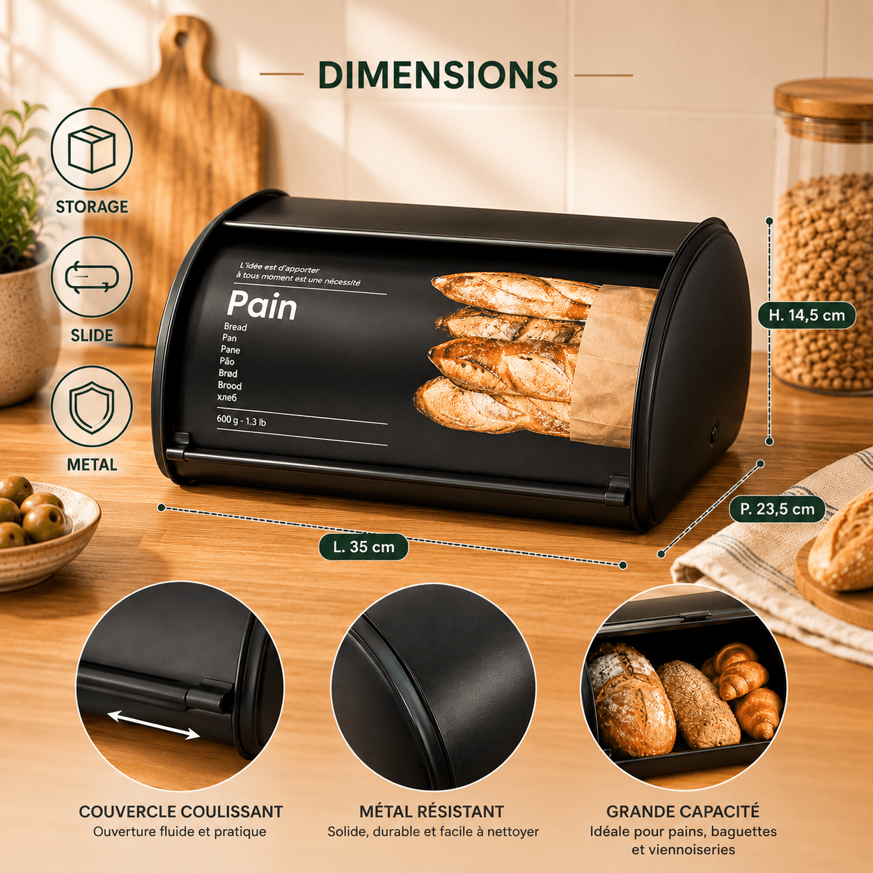 TEMU Boîte à Pain Métal Noir avec Couvercle Coulissant – Grande pour Pain, et Viennoiseries