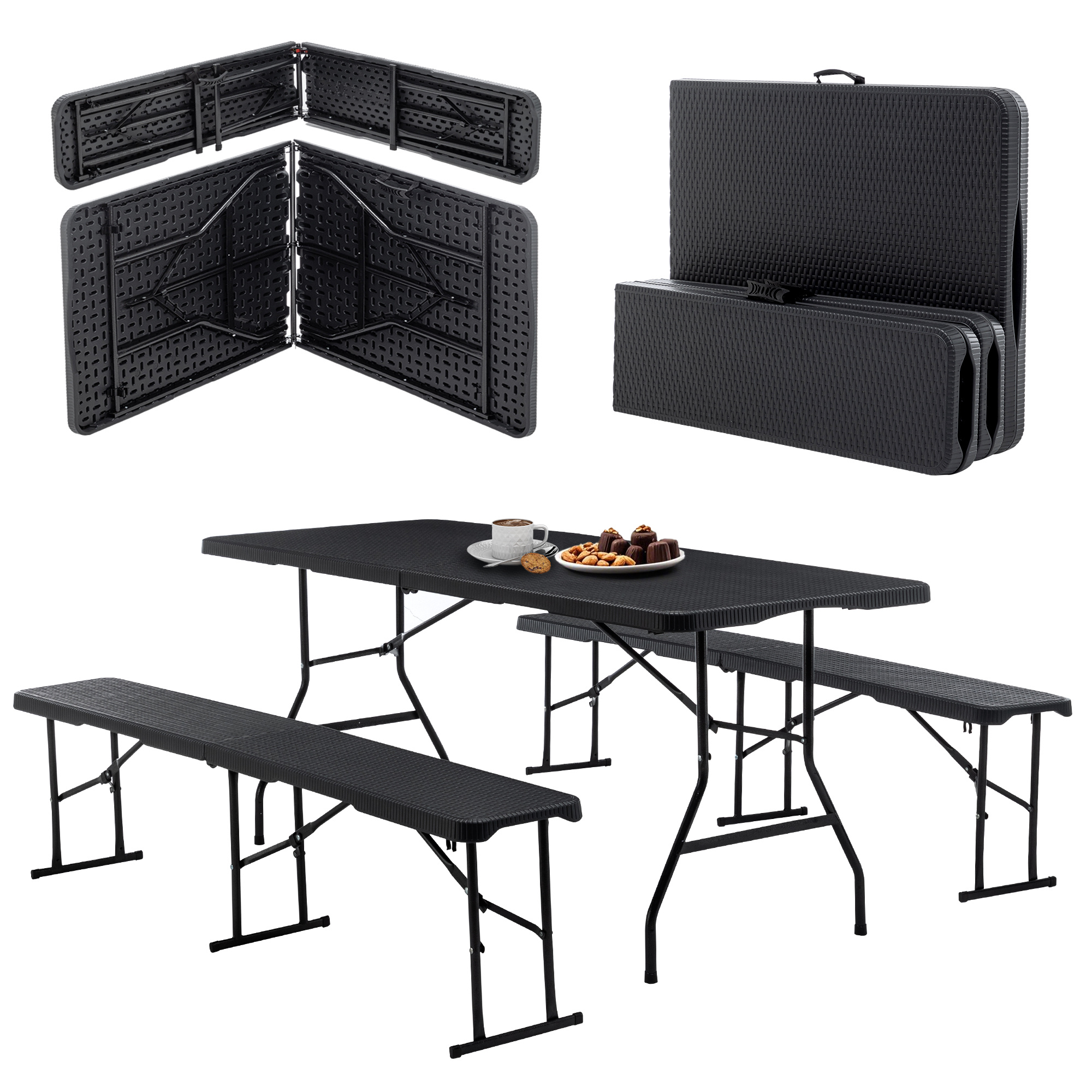Bureaublad Computer , 3-delige Opvouwbare Buffet Tafel Set, 180X74 Cm, Rotan Decor, Plastic, Donkergrijs, voor maximaal 8 Personen, Weerbestendig, Opvouwbaar, Laadvermogen 300 Kg