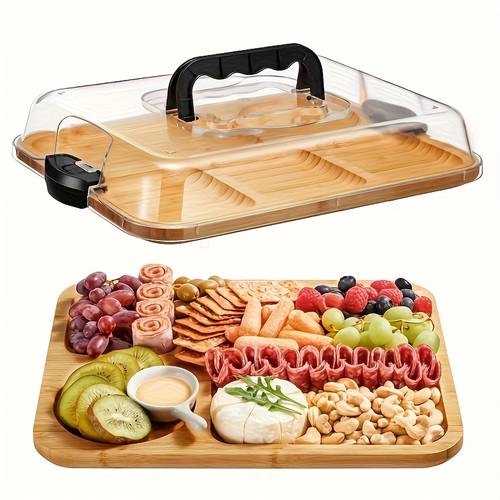 cheese board with transparent acrylic lid portable appetizer platter for camping parties restaurants holiday appetizers and snack service tray backside suitable for cutting board organizer on lid