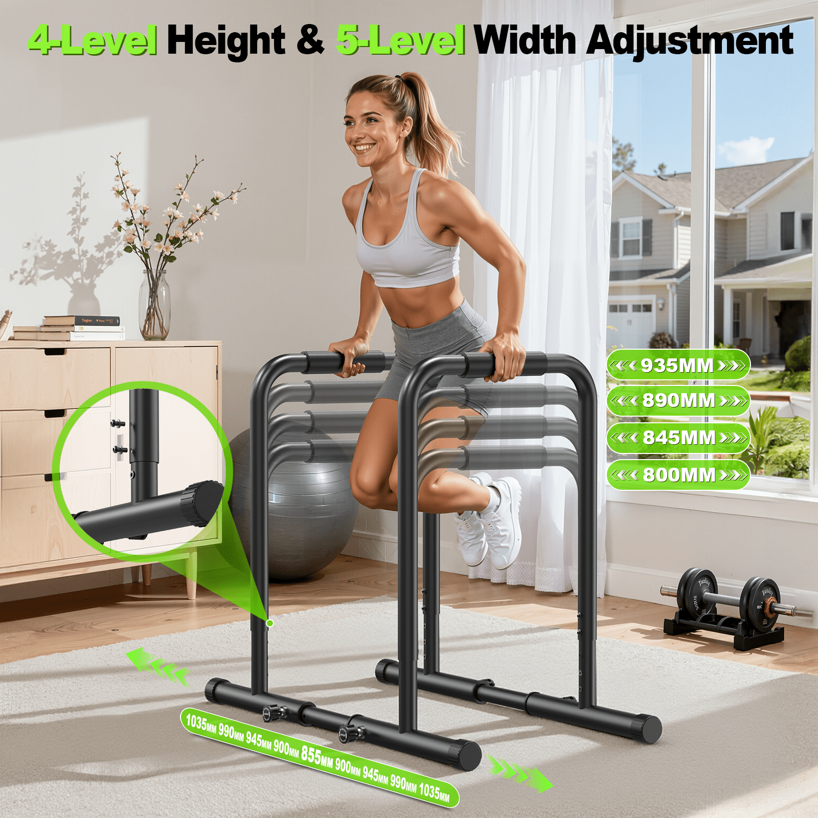 Image of Adjustable Dip Bars 550lbs/250kg Weight Capacity, Heavy Duty Parallel Bars For Home Gym & Calisthenics Training, 4-level Height & 5-level Width Adjustment, Non-slip Base & Comfortable Grip