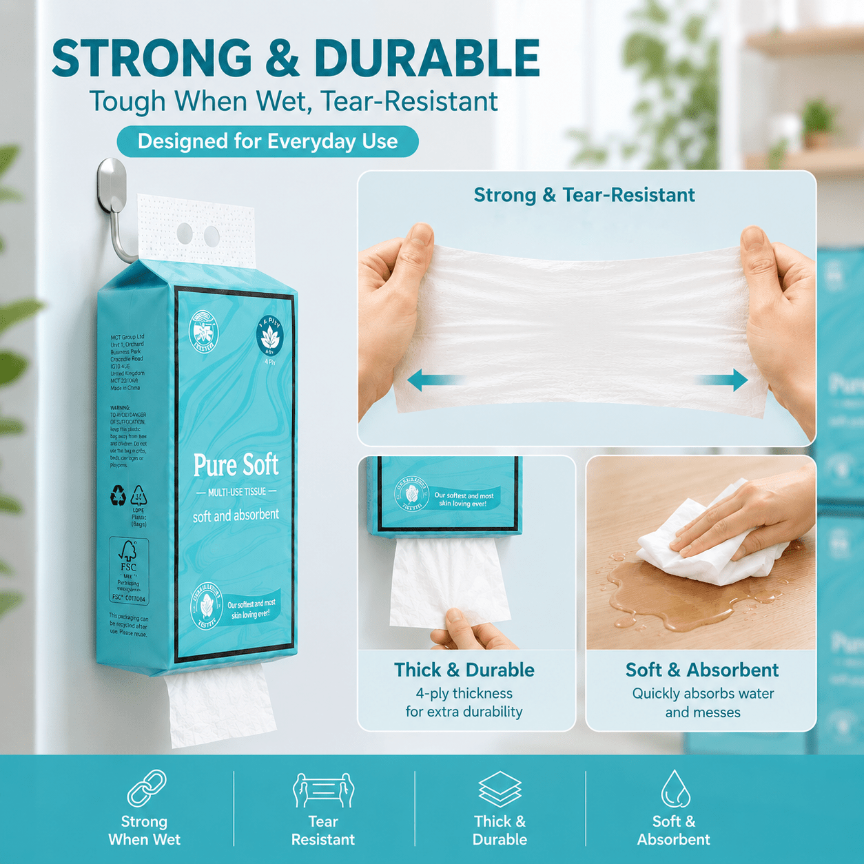 TEMU 1280 Sheets Hanging Large Capacity Tissue Paper, 4-ply Thickened Virgin Wood Facial Tissues, Household Toilet Paper Towels, Kitchen Napkins,