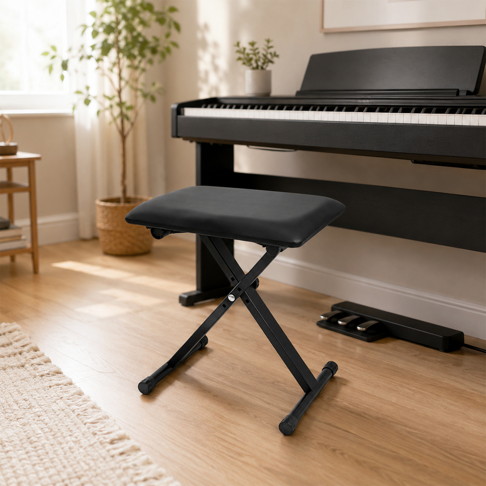 Height-adjustable Piano Bench In 4 – A Foldable, X-shaped Keyboard Stool With Padded Seat, Footrest, And Sturdy , Suitable For And Keyboard Instruments