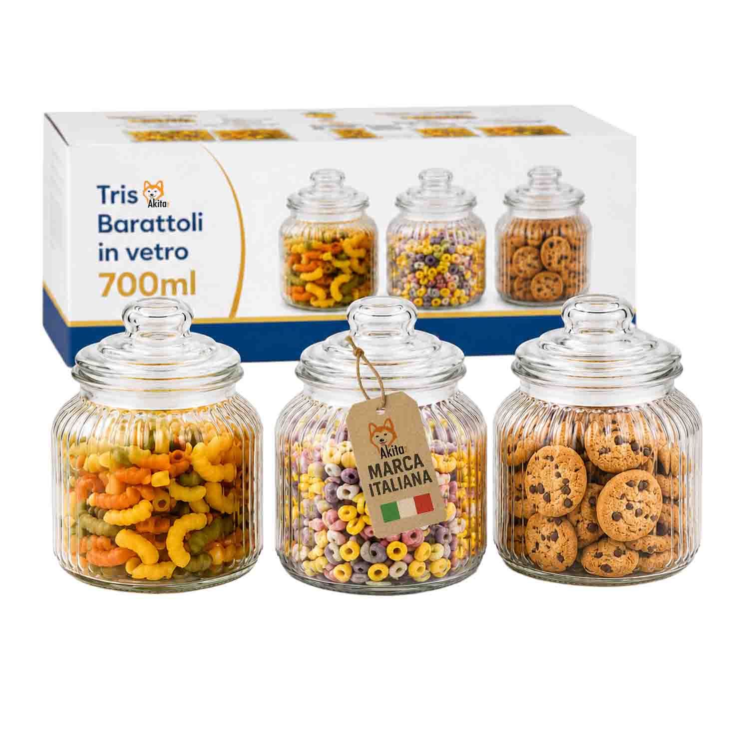 TEMU AkitaInk Set 3 Barattoli in Vetro 700 ml con Tappo in Alluminio, Contenitori Cucina per Pasta, Biscotti, Spezie e Conservazione Alimenti
