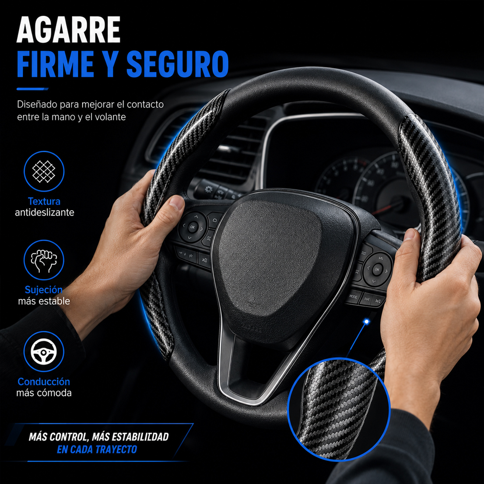TEMU Juego de 2 Fundas para Volante de Coche, Cubiertas de Agarre con Fibra de Carbono, Protector Antideslizante para Volante, Fácil Instalación sin