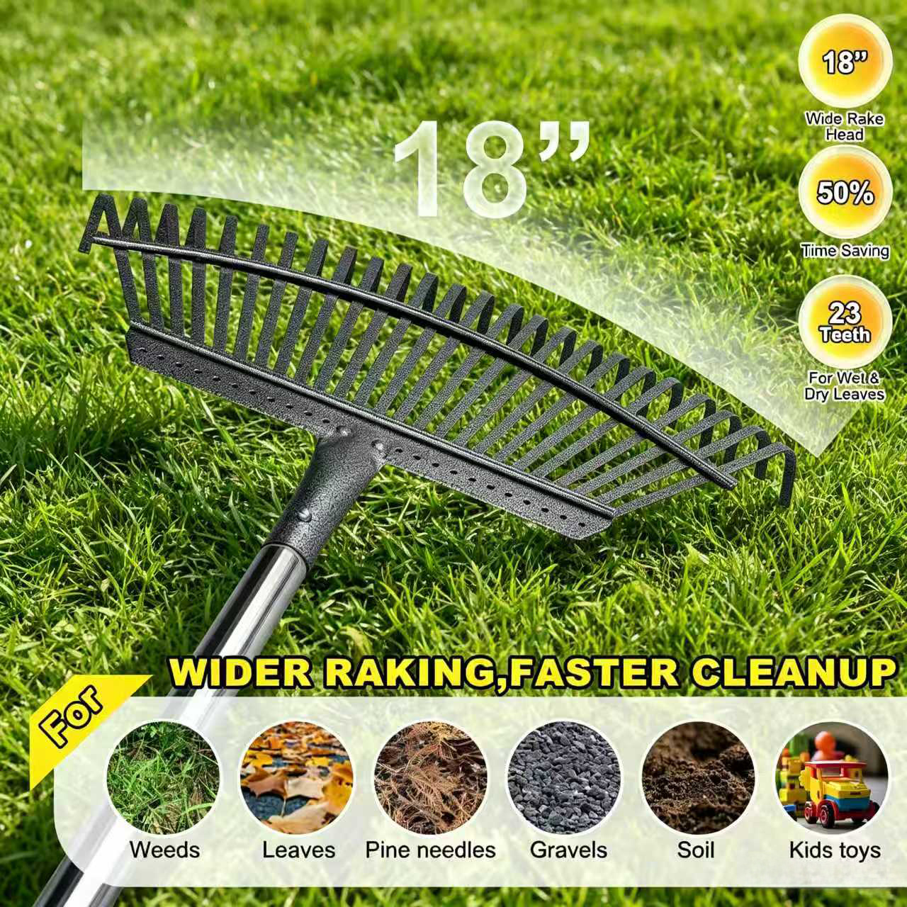 TEMU Adjustable Garden Rake With Stainless Steel Wide Head, 18" Heavy-duty Yard Rake, Telescopic Handle 94cm-187cm For Weeds, Leaves & Soil,