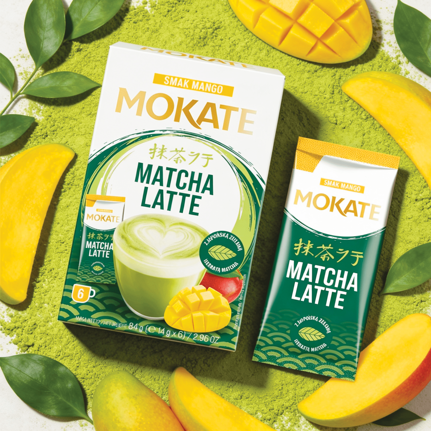 Mokate Matcha Latte Mango - Matcha Latte Drink Powder With Mango Flavor, 6 Sticks Of 14g Each (84g)
