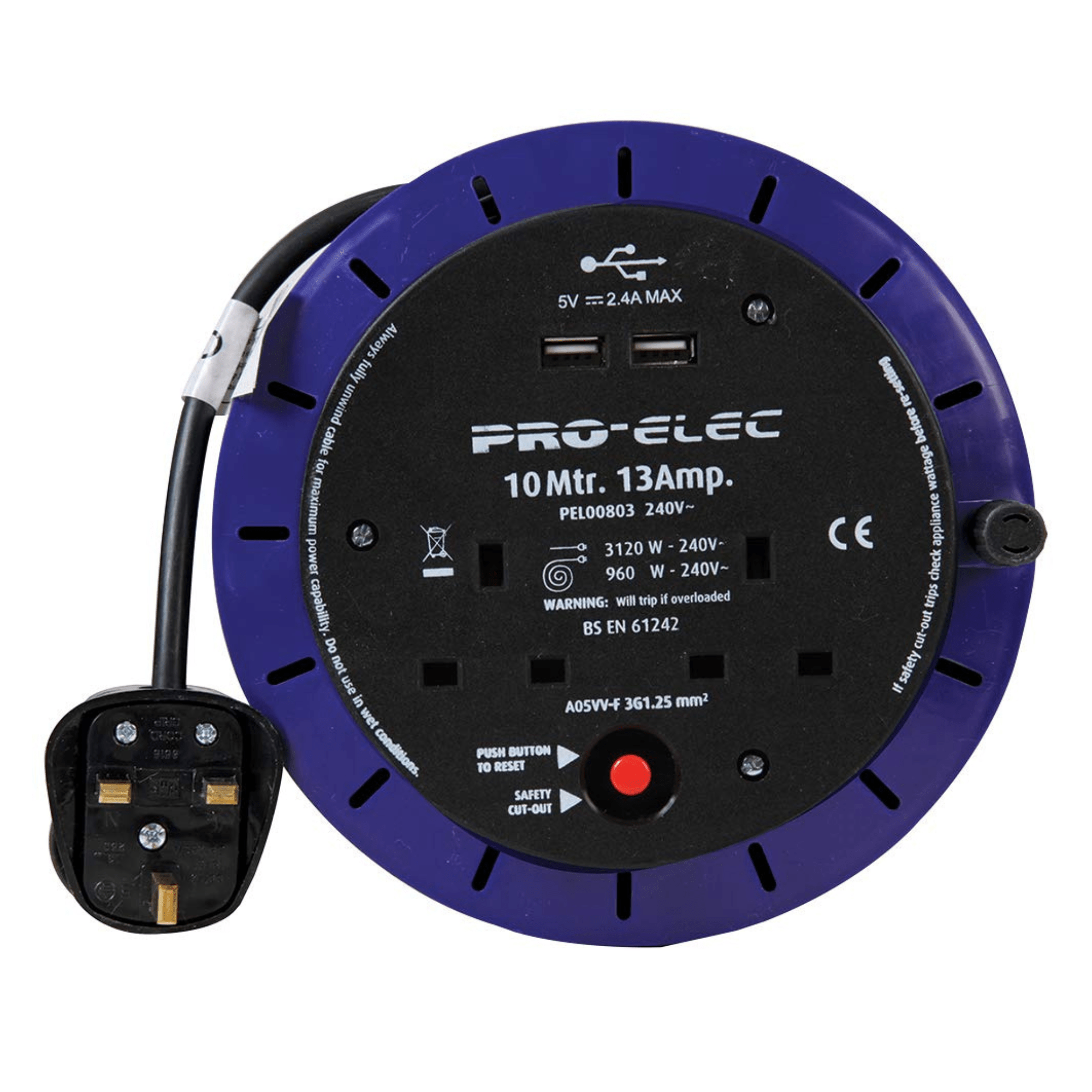 For Elec Pel00803 13a 2-gang Cassette Reel Mains Extension 10m – 2 Uk Outlets With 2 Usb Charging Ports