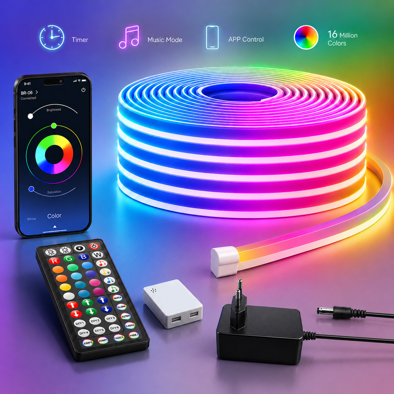 40m/30m/20m/15m/10m/5m Rgb Neon Led Strip With 44-key Remote Control, 16 Colors, Smart App Control With Timer & Dimmable Function For Bedrooms, Living Rooms Decoration