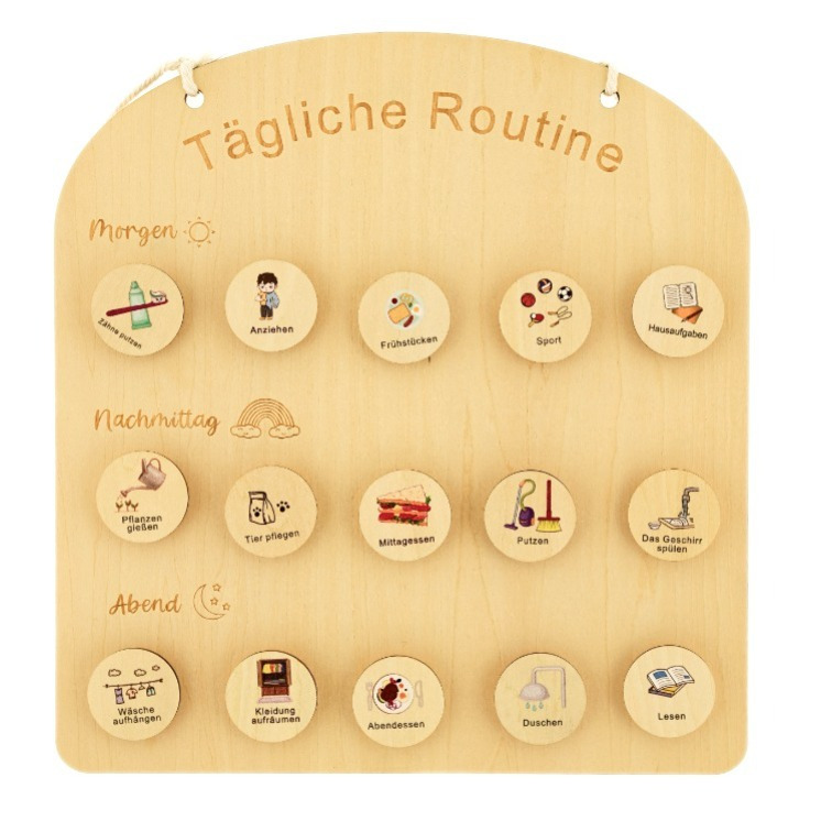 Daily Planner Daily Routine Board Made Of Wood 26 × 28 Cm With 28 Wooden Tokens For