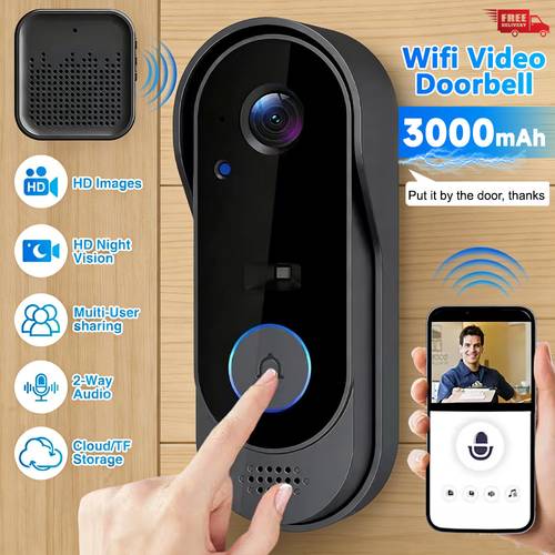 1080 p wireless wi fi video doorbell camera smart with chime 2 4g wifi only smart wifi video doorbell camera security wireless camera with two way audio 3000mah battery real time notifications cloud storage use modern doorbell design durable build quality commercial security solution for apartments offices hotels