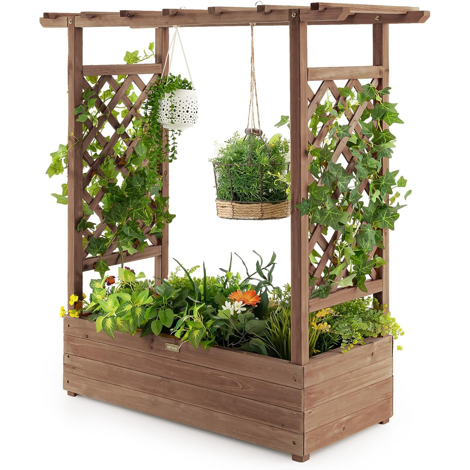 Raised Bed With Trellis, Flower Box With Hanging Roof Drainage Holes, Planter For Garden, Patio