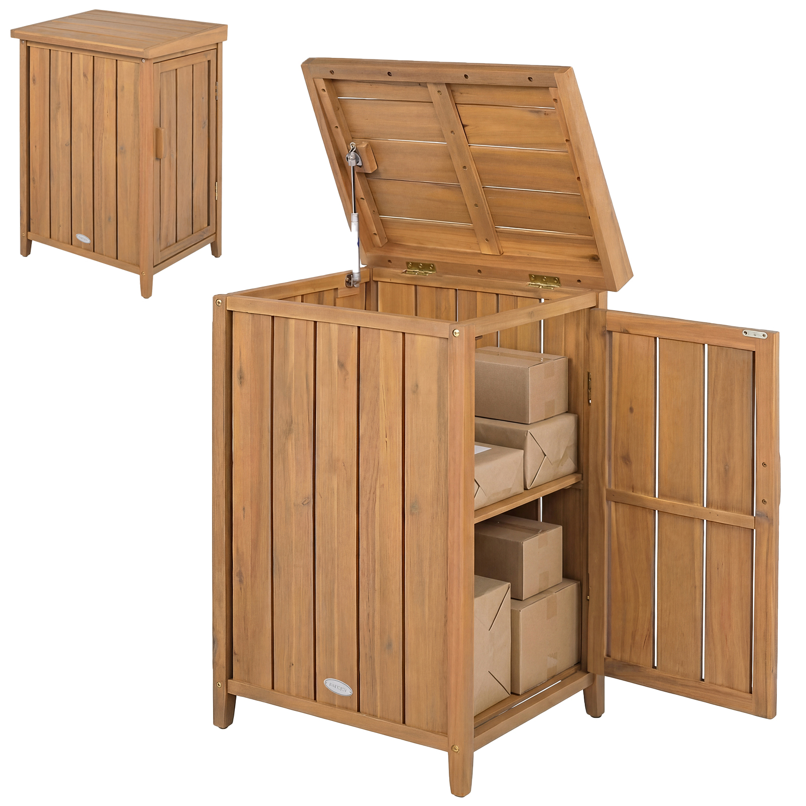 Image of Wooden Parcel Delivery Box, Parcel Box With Gas Spring Lid And Side Door, Outdoor Storage Box With Removable Shelf