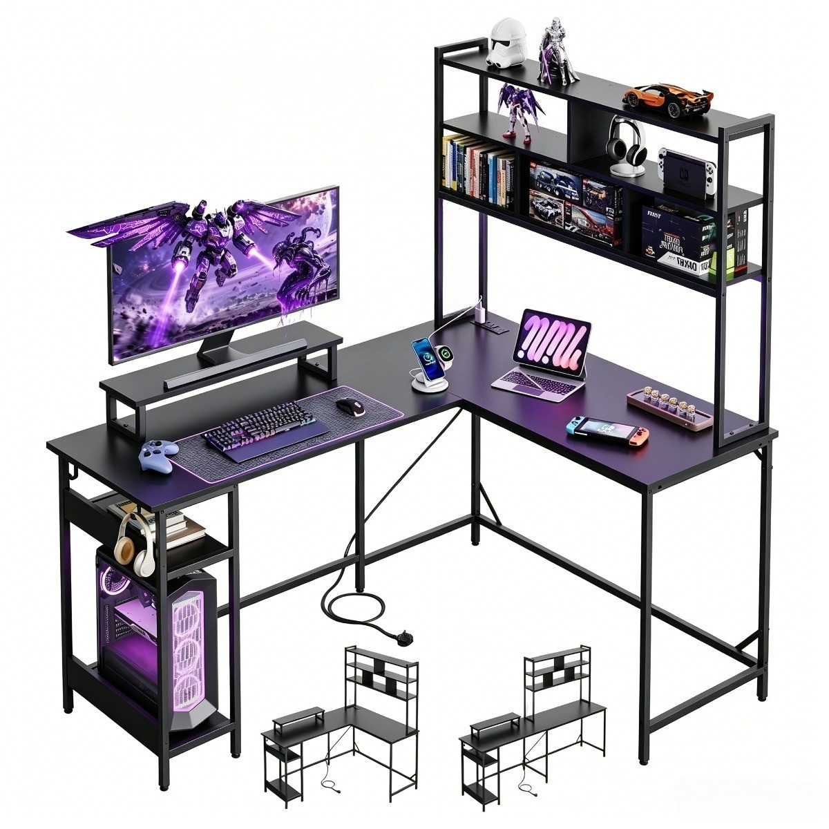 TEMU 152cm/167cm L Shaped Gaming Desk With Hutch, Reversible Computer Desk, 3-tier Shelves, 2 Ac+2 Usb Outlet And Monitor Shelf, Corner Desks With