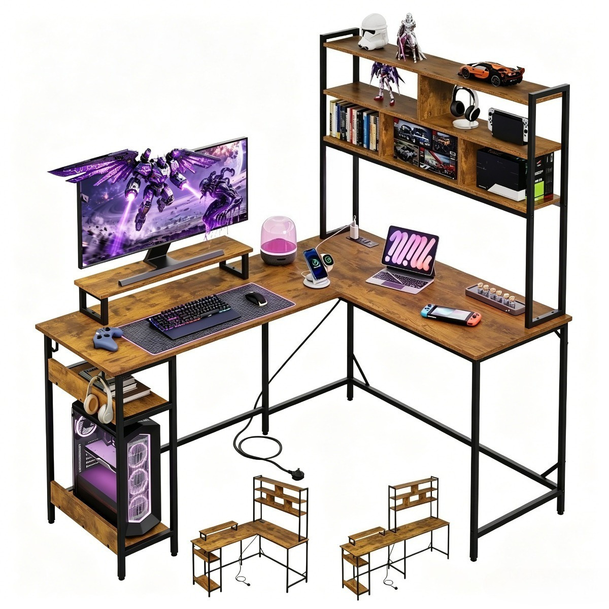 TEMU 152cm/167cm L Shaped Gaming Desk With Hutch, Reversible Computer Desk, 3-tier Shelves, 2 Ac+2 Usb Outlet And Monitor Shelf, Corner Desks With