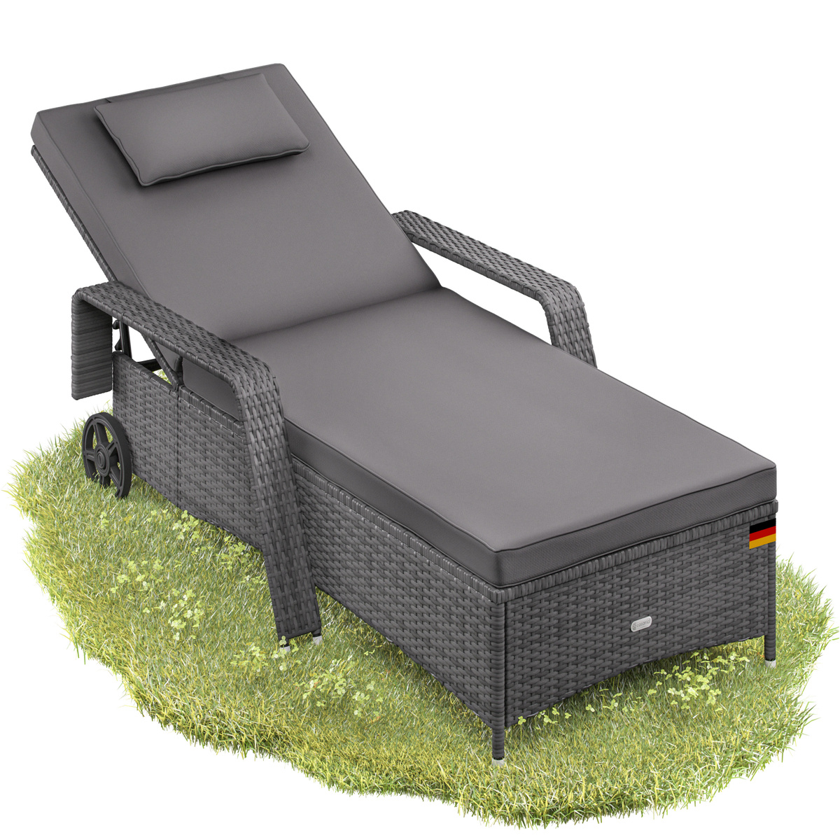 Image of Casaria® Sun Lounger With Wheels, 7cm Extra-wide Cushion, 90cm Garden Lounge, Weatherproof, 165kg Load Capacity, Adjustable, Terrace & Balcony Furniture, Reclining Chair