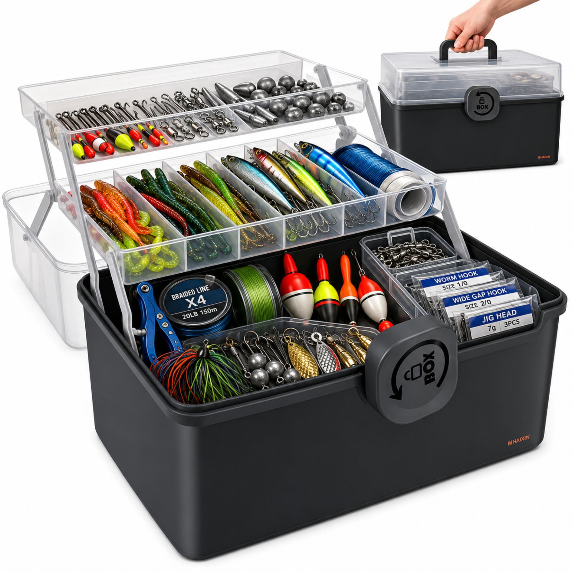 2-tier Fishing Tackle Box For Accessories, Large Storage Case With Folding Shelves, Carrying Case With Handle, 32 X 17 X 22 Cm, Gray-transparent, Durable For Fishing, Camping, Outdoor Activities