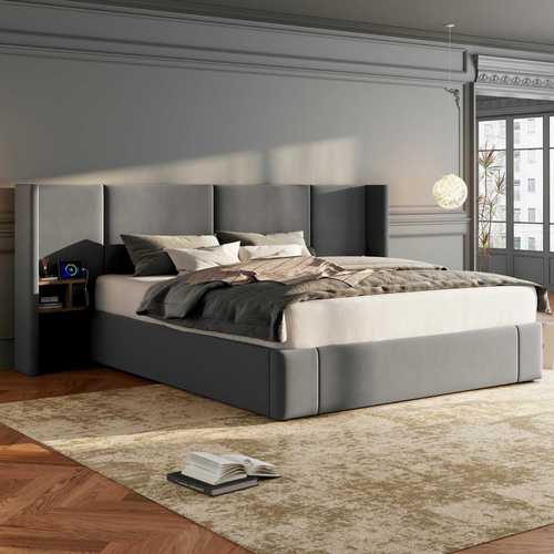 180*200cm Grey Velvet Super King Size Bed Frame, 6ft Hydraulic Lift Up With Wide Ear Design, Built-in USB Connection And Sockets, With Two Matching Bedside Tables, Large Under-bed Storage No Mattress