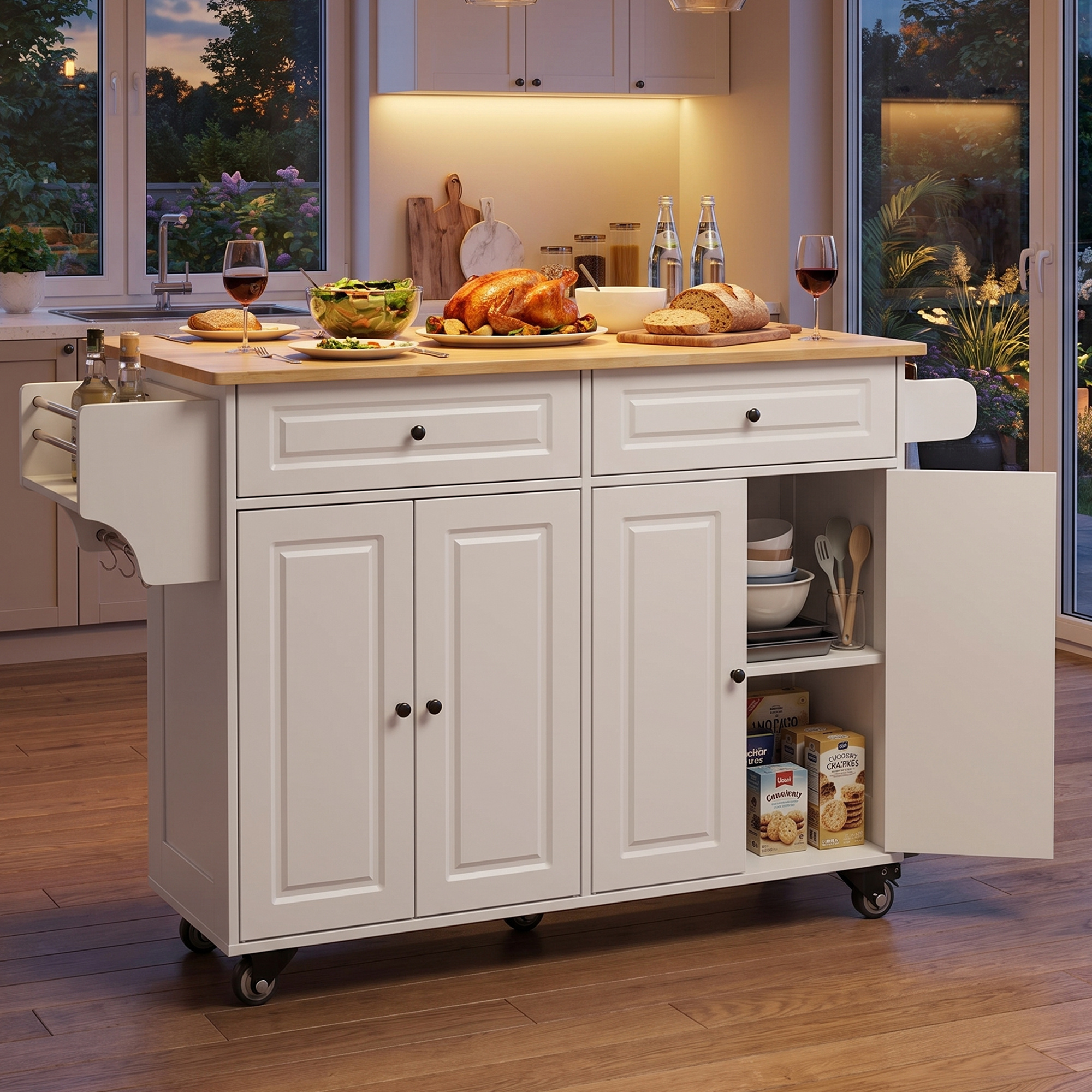 Kitchen Cart | 90 × 116 × 75 Cm | Kitchen Island On Wheels | Foldable Worktop | Rolling Kitchen Cart | & 2 Drawers | White/natural Wood | Coree 60ak