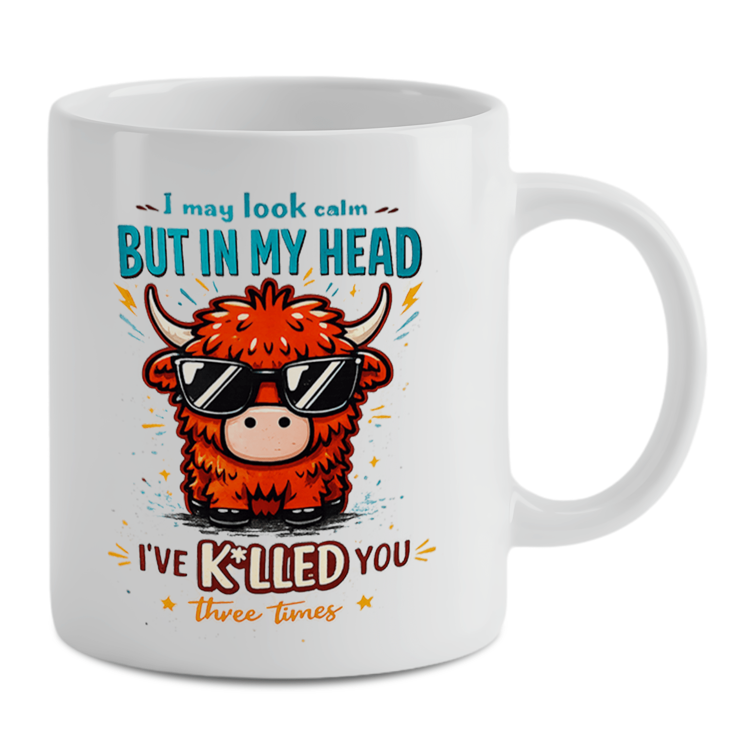 TEMU Highland Cow Funny Quote Coffee Mug - "i May Look Calm" Sarcastic Animal Design - Novelty Tea Cup With Sunglasses Cow Illustration - Humorous