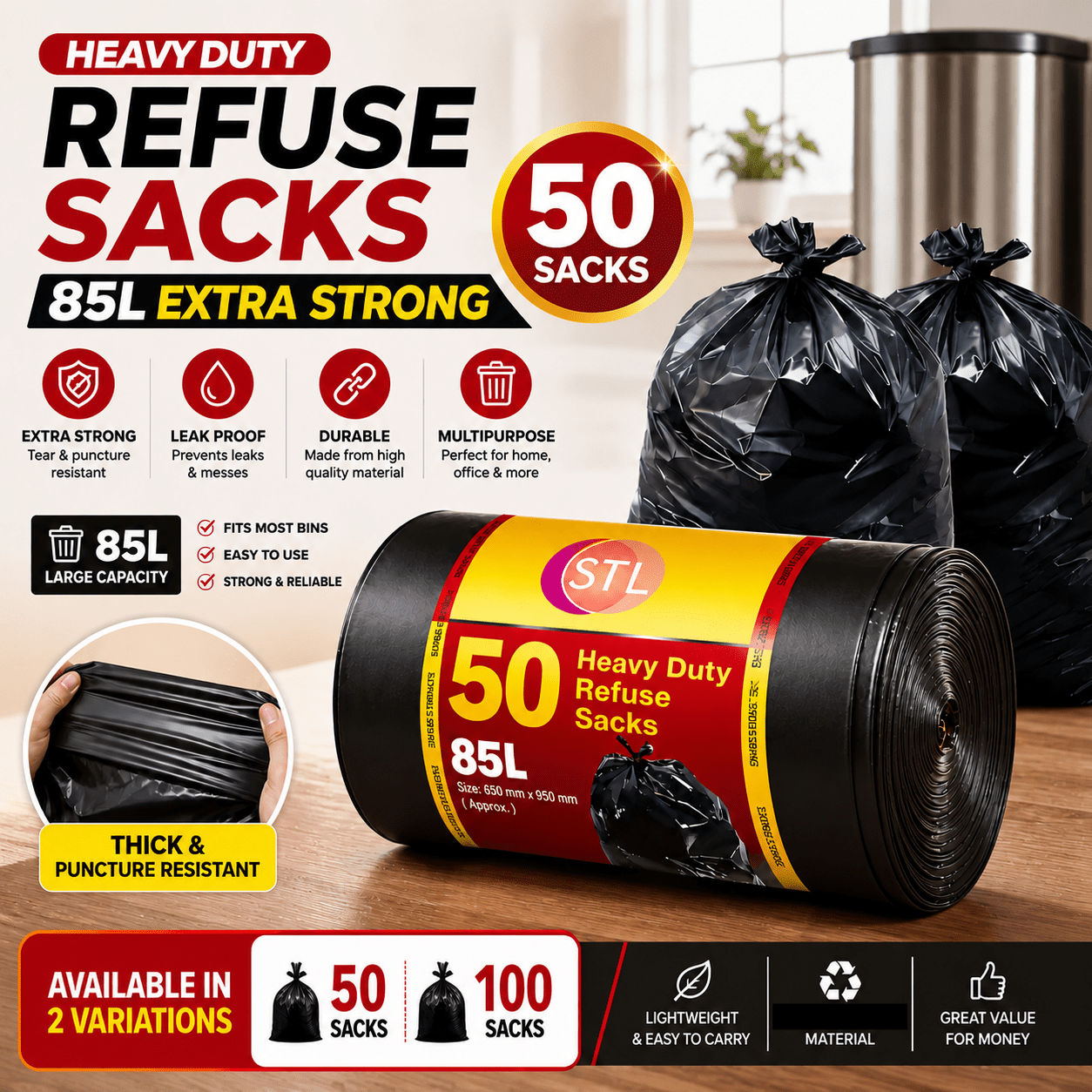 1 roll of 50 extra strong heavy duty black bin liners rubbish bags waste   garbage sacks