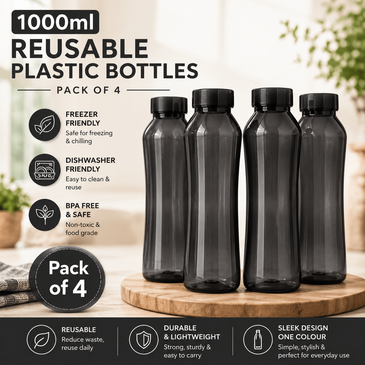 TEMU 1000ml Pack Of 4 Water Bottle - Large Capacity Plastic - With Waist Strap And Handle - 1000ml - Suitable For Indoor