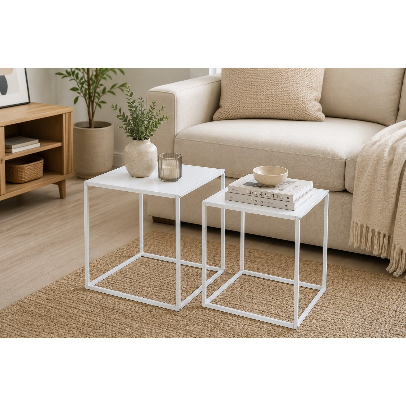 Image of Set Of 2 Modern White Metal Nesting Side Tables For Living Room