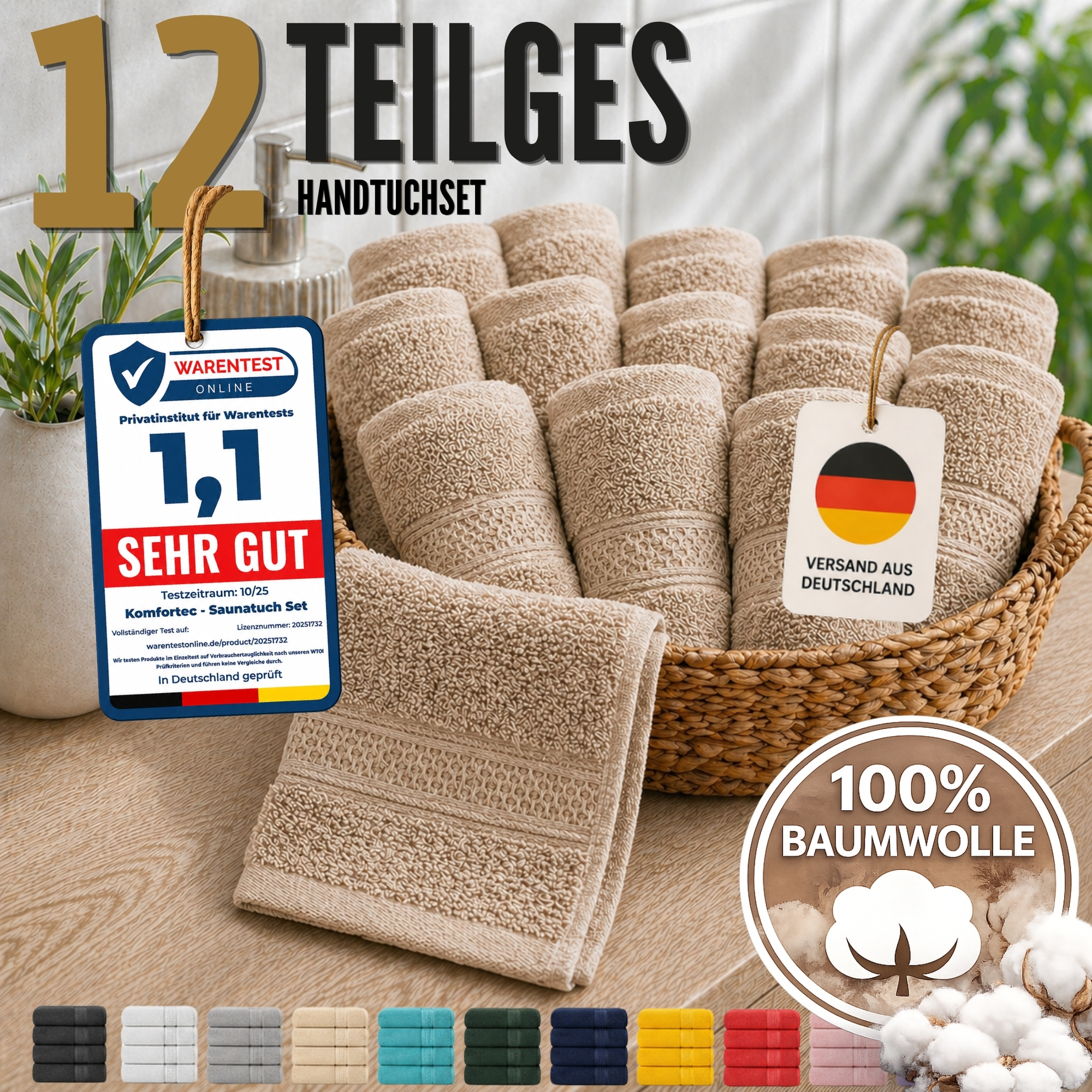 E-shop 12er Set Gästetücher 30x50 cm aus 100% Baumwolle – 500 g/m², Weich, Saugstark, Schnell Trocknend, Hautfreundlich, Fusselfrei, Für Bad & Gäste-WC