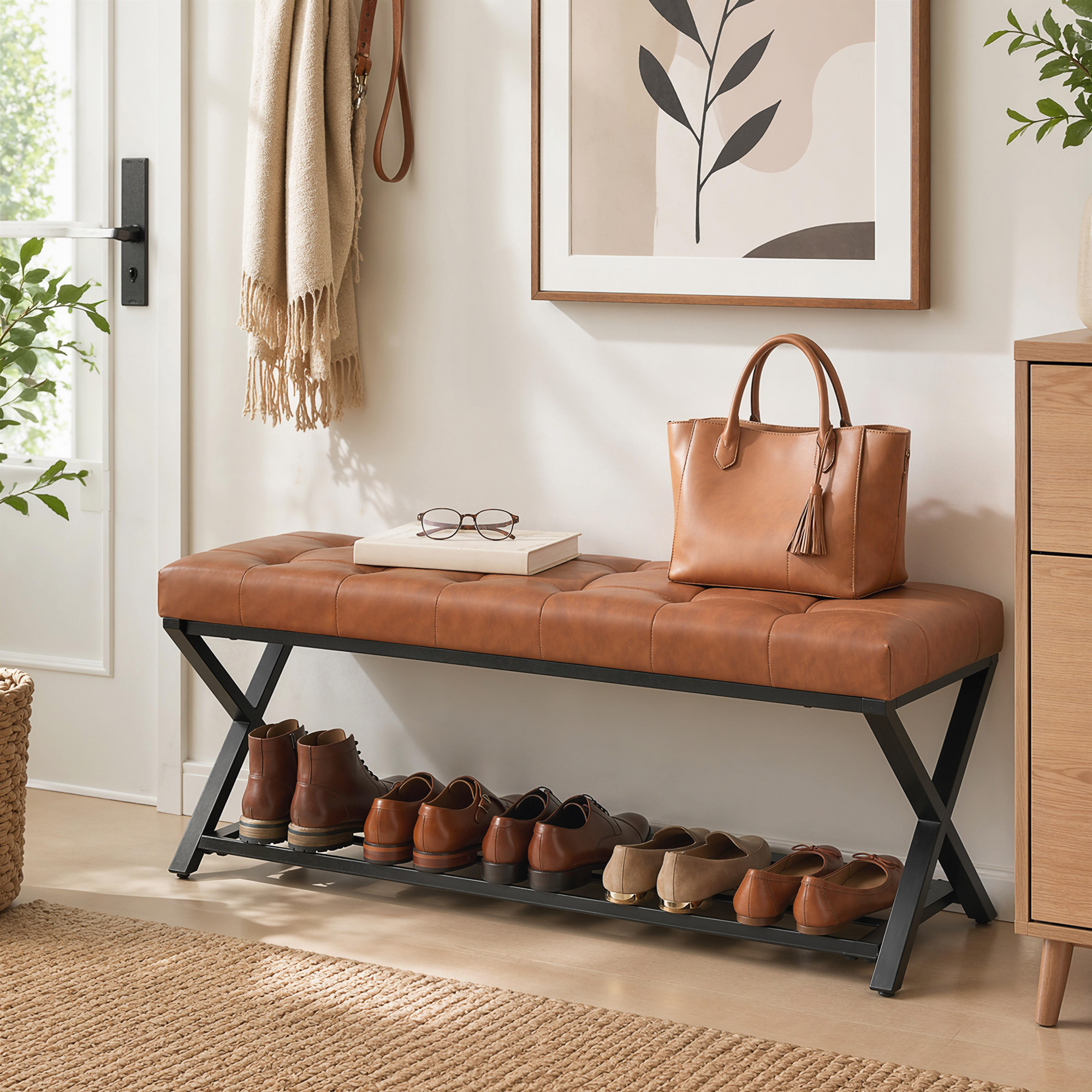 Image of Shoe Bench With Seating Area, Upholstered Shoe Rack With Storage, Industrial Bench With Shelf, X-shaped , Artificial Leather, Up To 220kg For Hallway Entrance Area, 112x37x47cm Brown