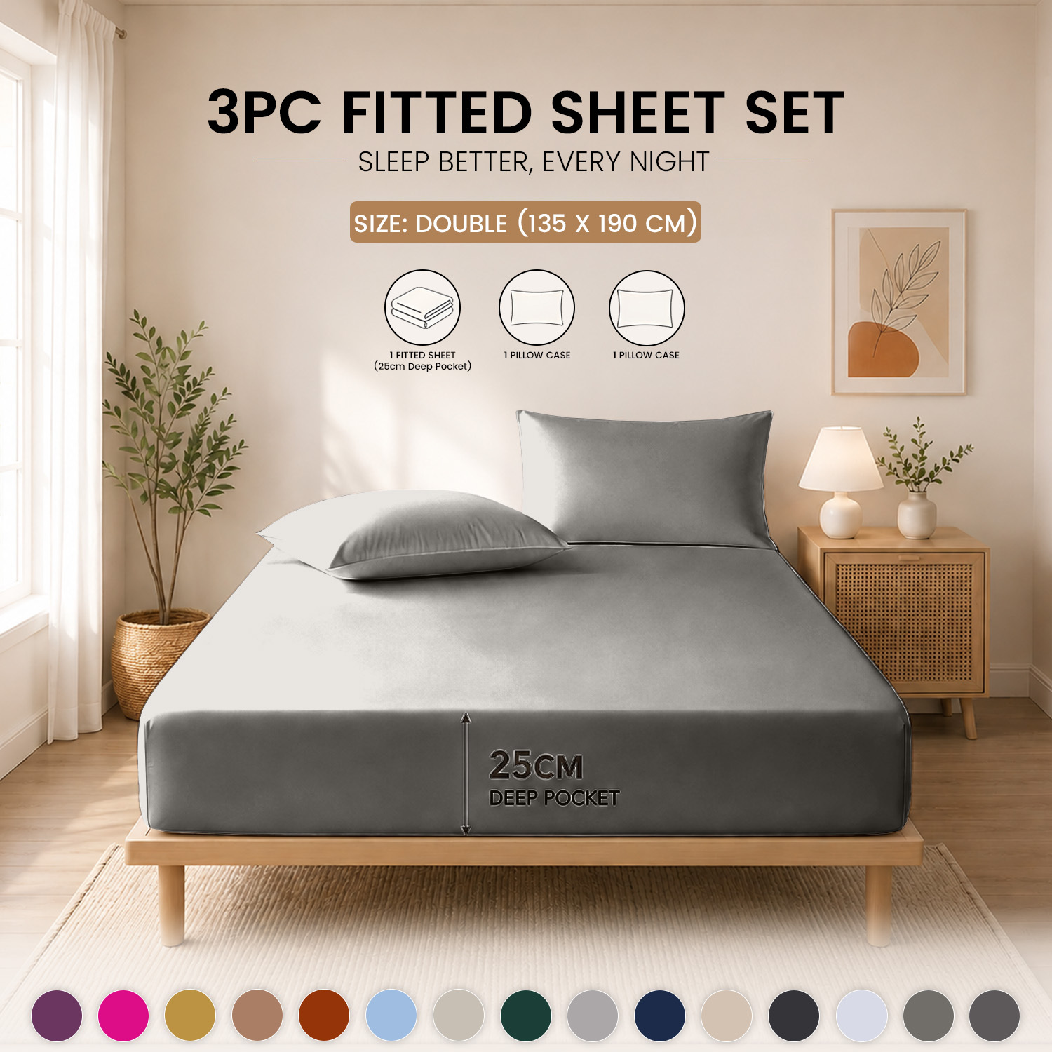 TEMU 3pcs 25cm Fitted Sheet, Bed Sheet Set Included 1pc Fitted Sheet & 2pcs Matching Pillowcases, , Soft Fabric, Comfortable & Non-slip Mattress