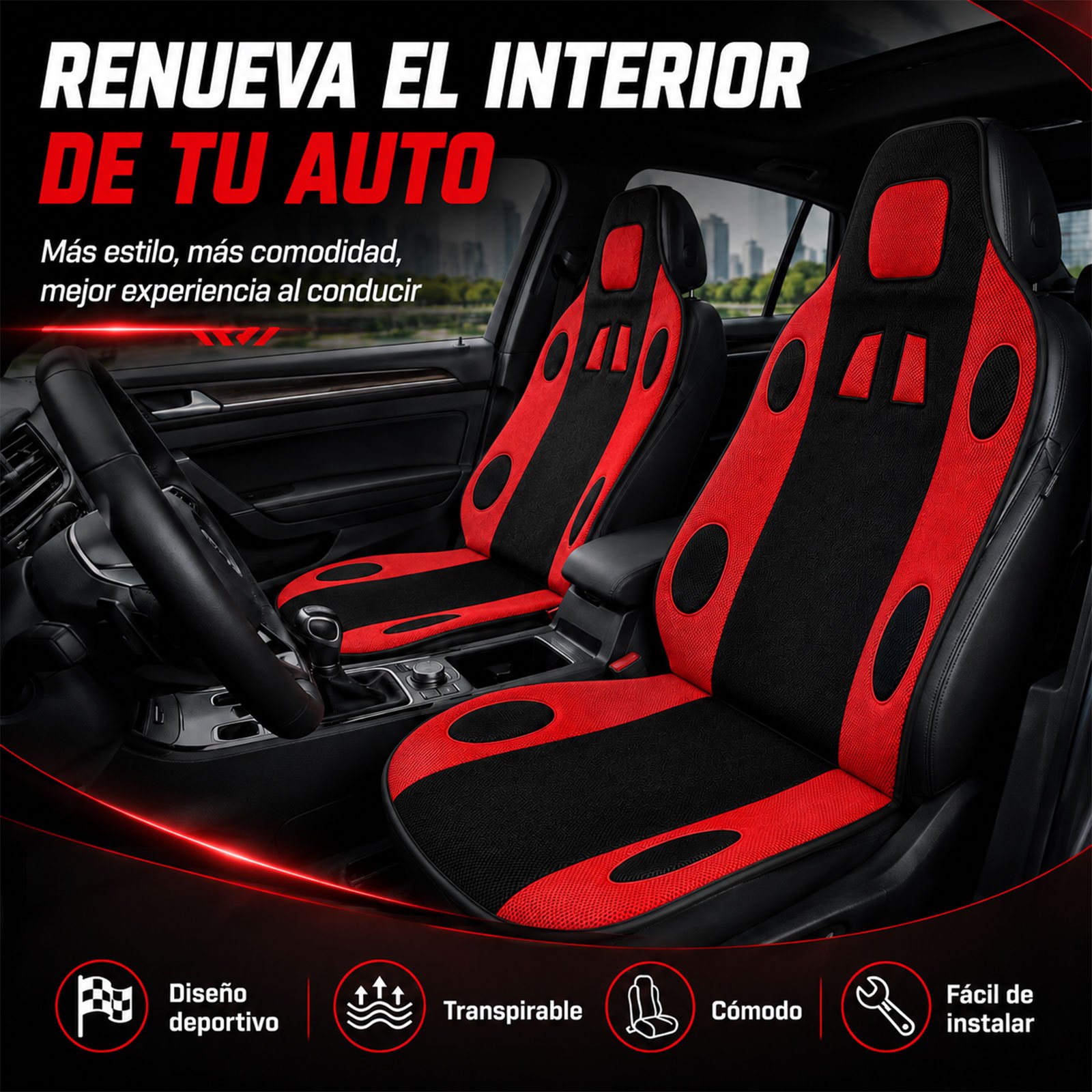 TEMU Universal para Asiento Delantero de Coche, 1 Pieza, Diseño Deportivo de Carreras, Malla Transpirable, y , con Ganchos de Fijación, para Coche,