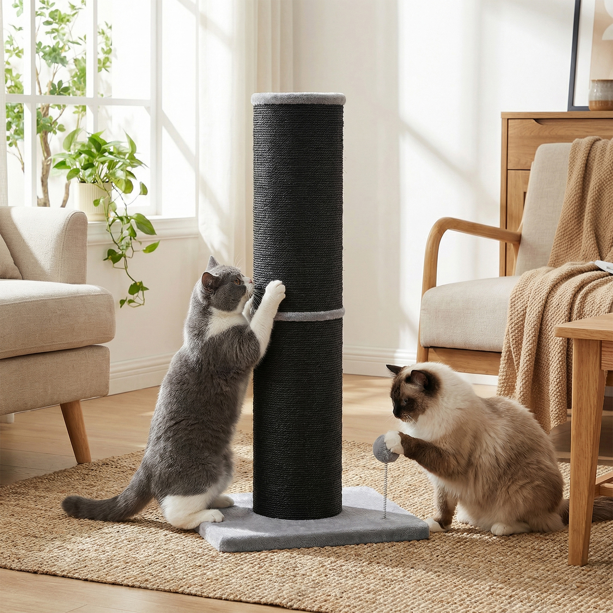 Image of Cat Scratching Post With Sisal Stem, 50 X 40 X 85 Cm, Extra Large, 17 Cm Diameter, Suitable For Medium To Large Cats, Includes Plush Balls And Bells