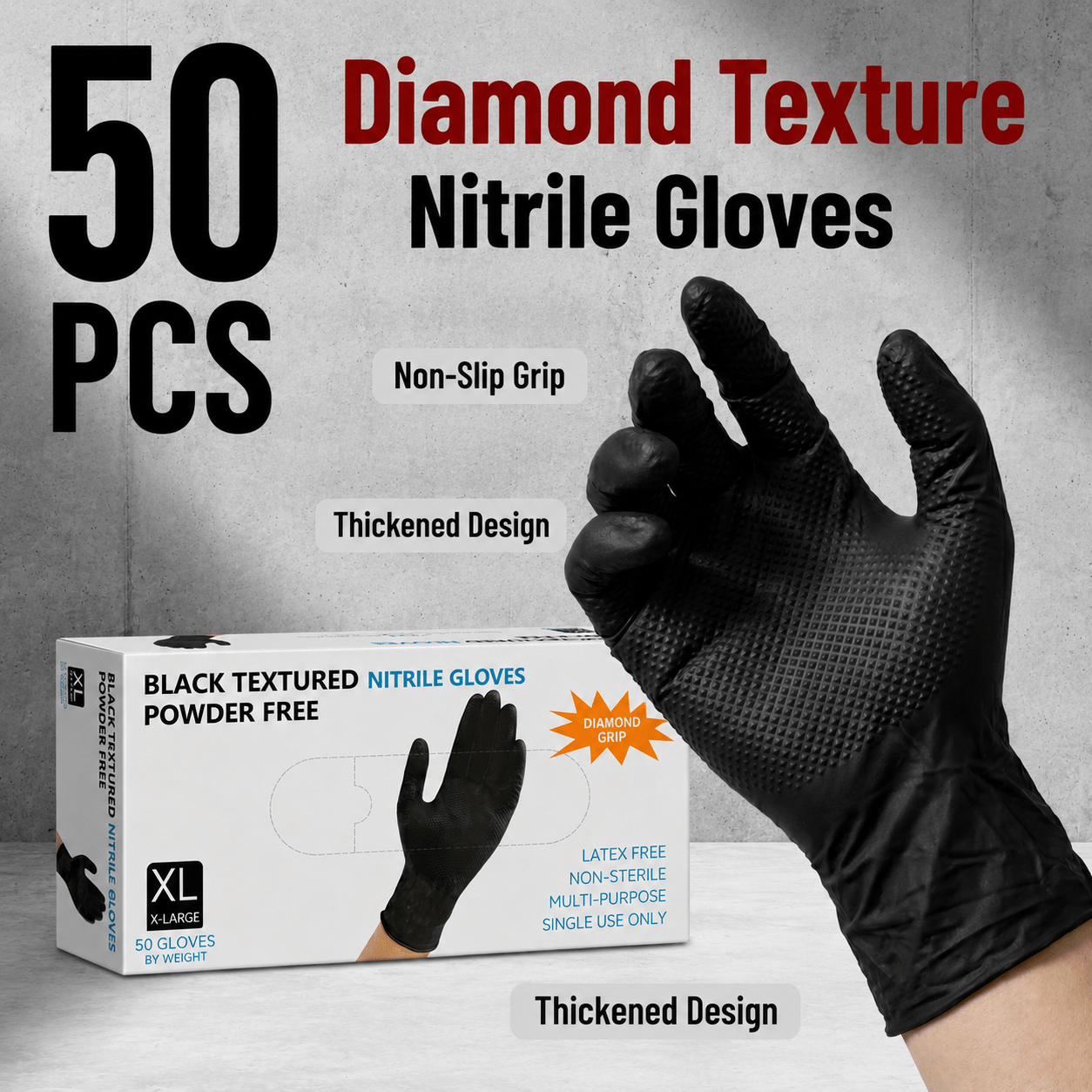 TEMU 50/100 Stück Hochleistungs-8g Einweg-Nitrilhandschuhe mit Schwarzem Diamantmuster, 8 Mil Dick, Erhöhte Diamantstruktur, Puderfrei und Latexfrei,