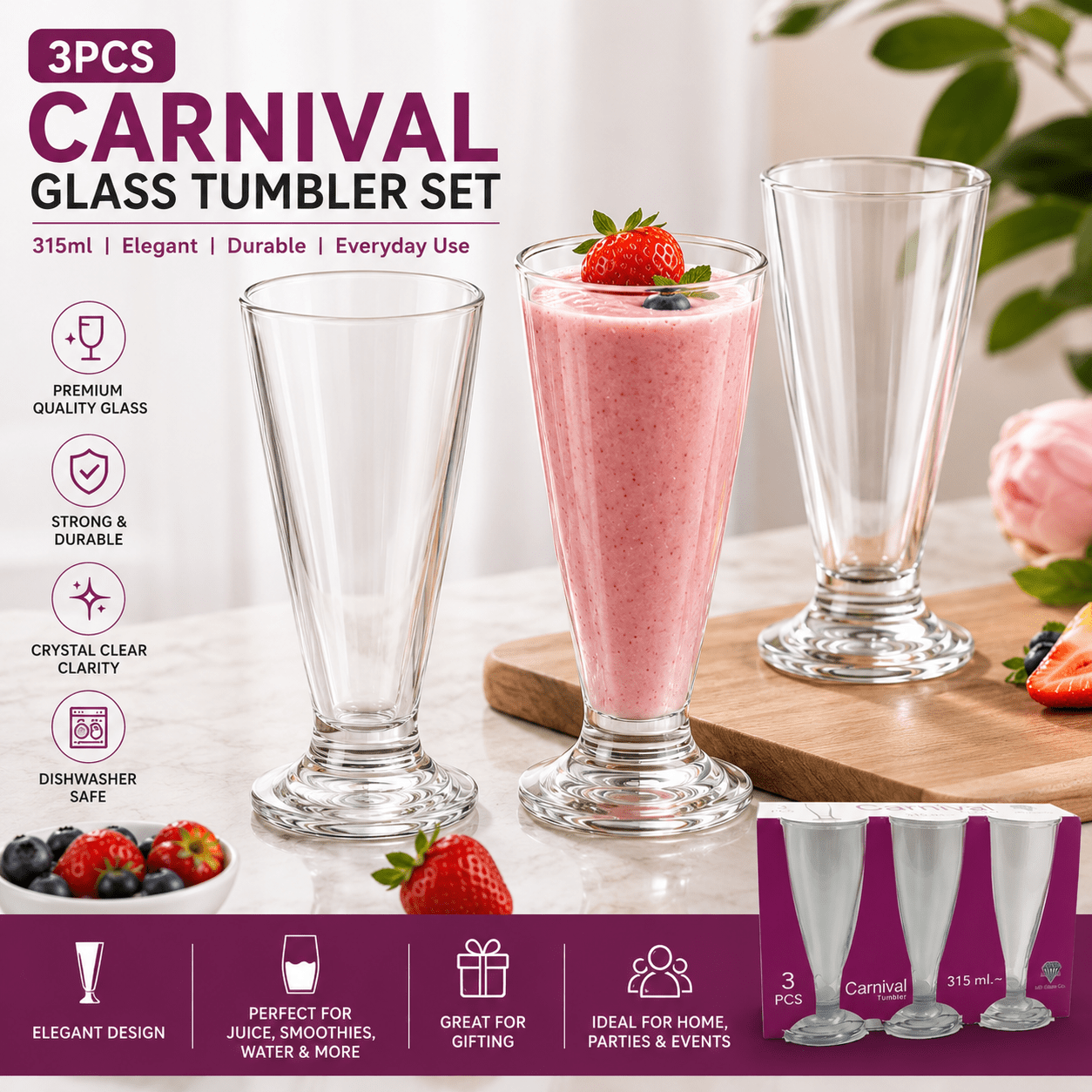 TEMU 3pcs 315ml Glass Tumbler Set – Clear Carnival Drinking Glasses For Juice, Water, , Smoothies & Cold Beverages | Elegant Tall Glass Cups For Home