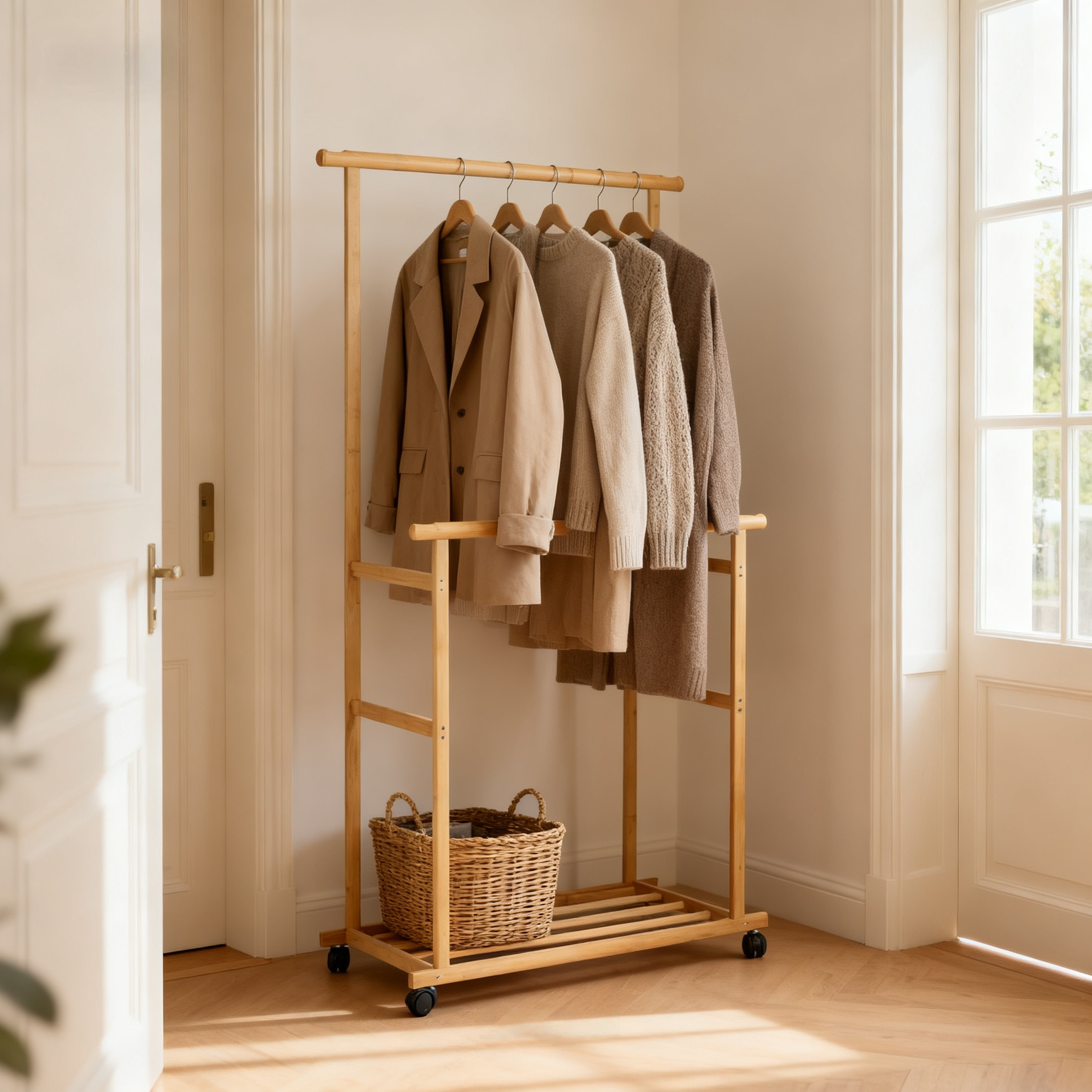 Image of Bamboo Clothes Rack With Casters, Freestanding Double Rod Garment Rack With Storage Shelves For Coats, Dresses, Pants, Shoes, 80x40x160cm