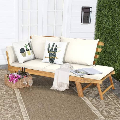 convertible outdoor couch sofa bed with acacia wood frame adjustable armrests foldable chaise lounge and loveseat with cushions and pillows for garden poolside patio