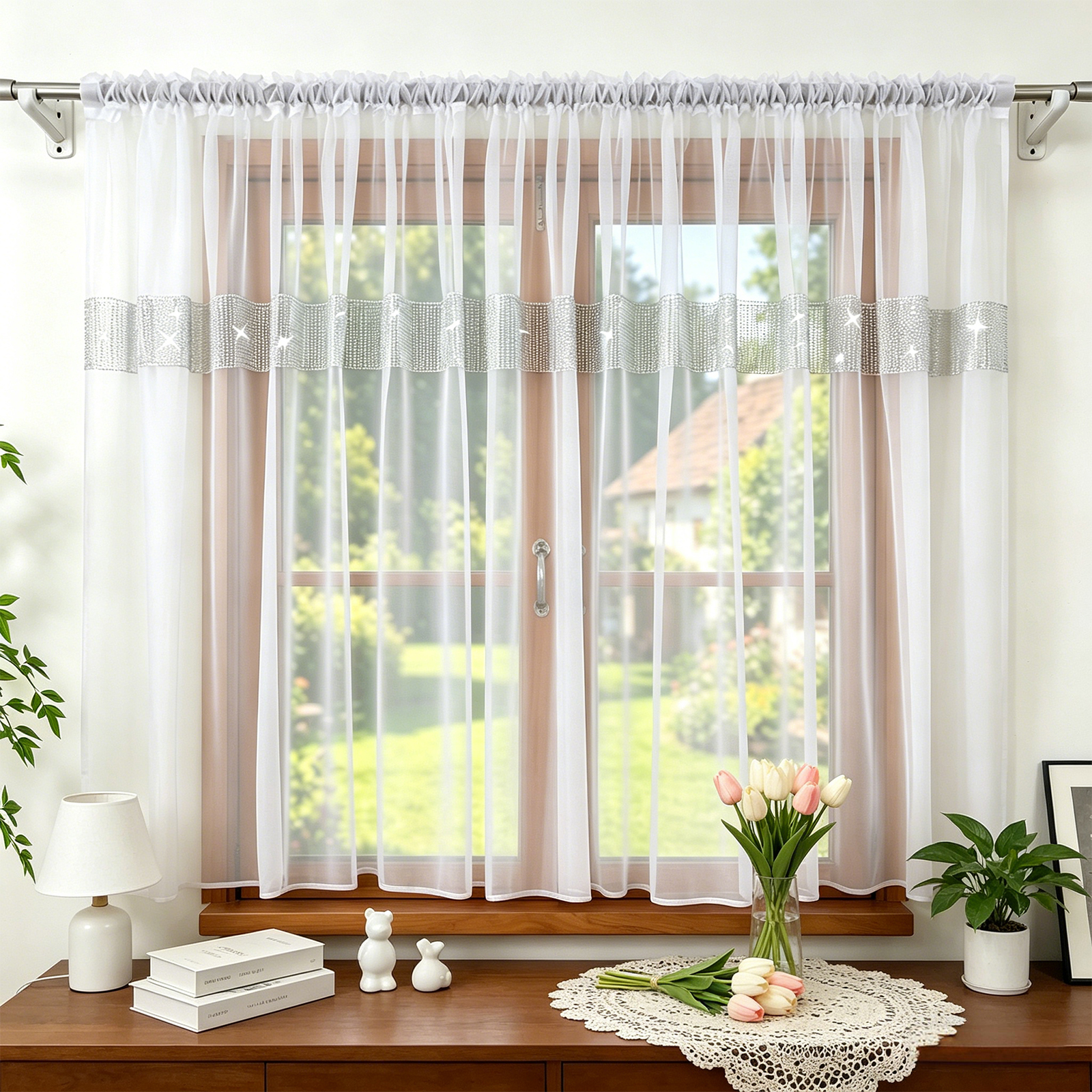 Image of 1pc Contemporary Sheer Curtain Straight Panel Water Rhinestone Decoration | Curtain For Bedroom Living Room Balcony, Modern Semi Sheer Dustproof Soft Light Privacy Rod Pocket Hook