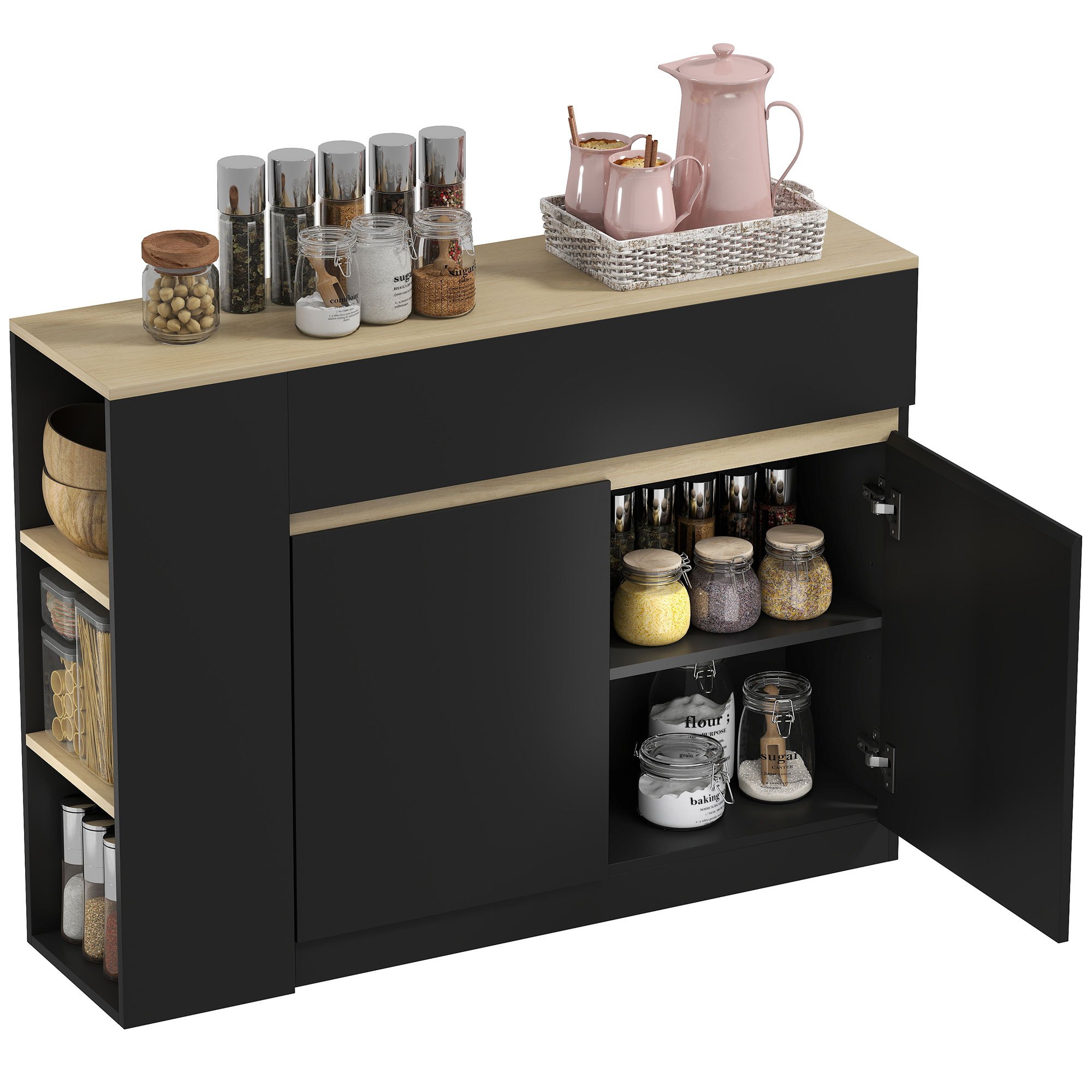 TEMU HOMCOM Buffet, meuble de rangement, avec placard 2 portes, étagère réglable, 2 tiroirs, 3 étagères ouvertes, 110 x 29,5 x 82 cm, pour salle à