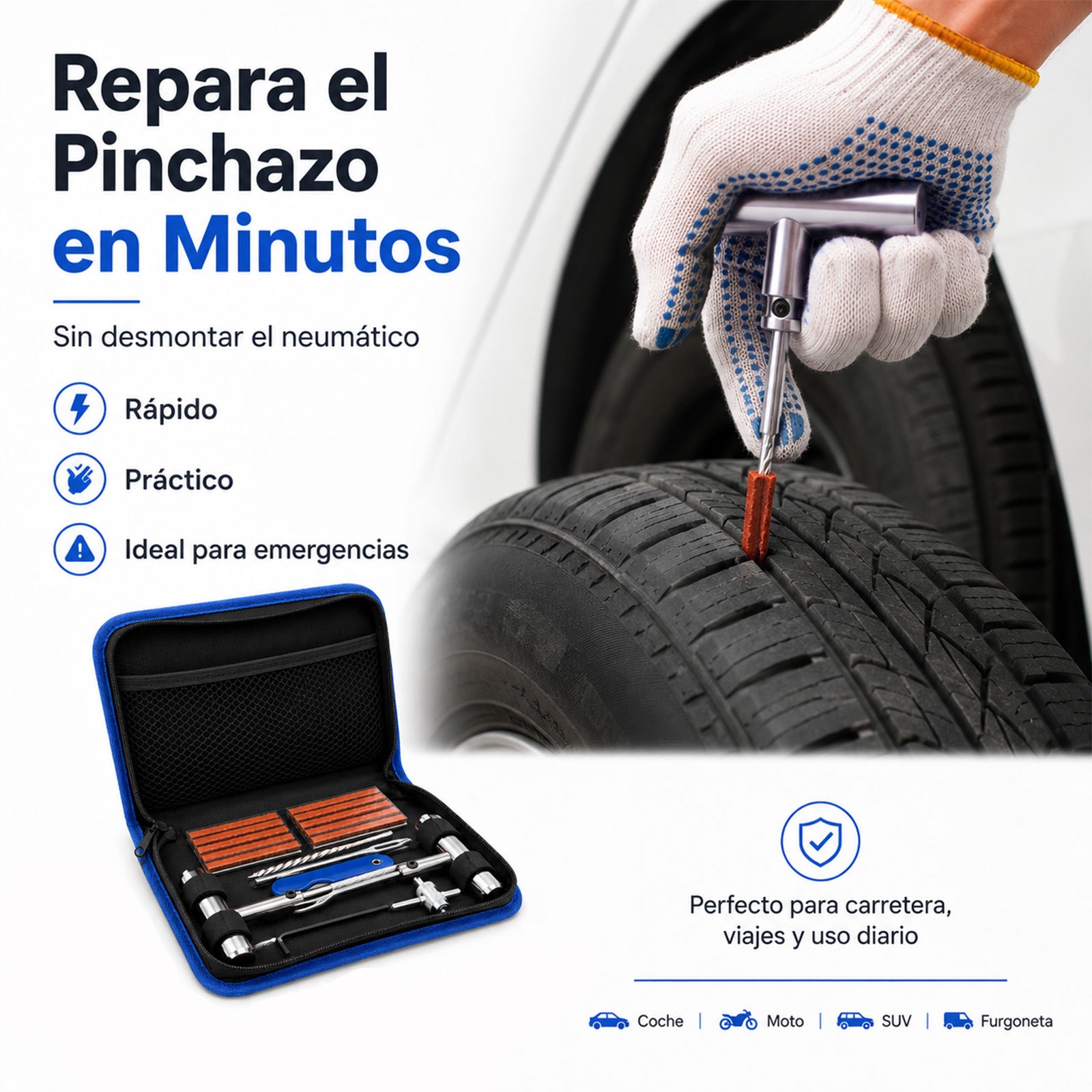 TEMU Kit Universal de Reparación de Neumáticos Sin Cámara, 19 Piezas, con Guantes y Bolsa Oxford, Reparación de Pinchazos sin Quitar , para Coche,