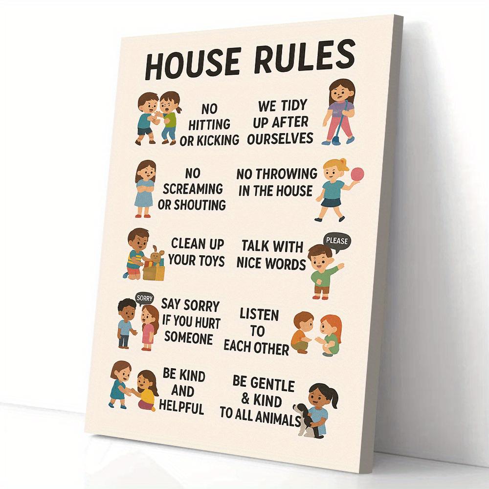 TEMU 2d Canvas, Learning Canvas Wall 1 Piece Of Canvas Artwork For Children's Room Rules Educational Home Decor With Instructions, Rustic-style Frame