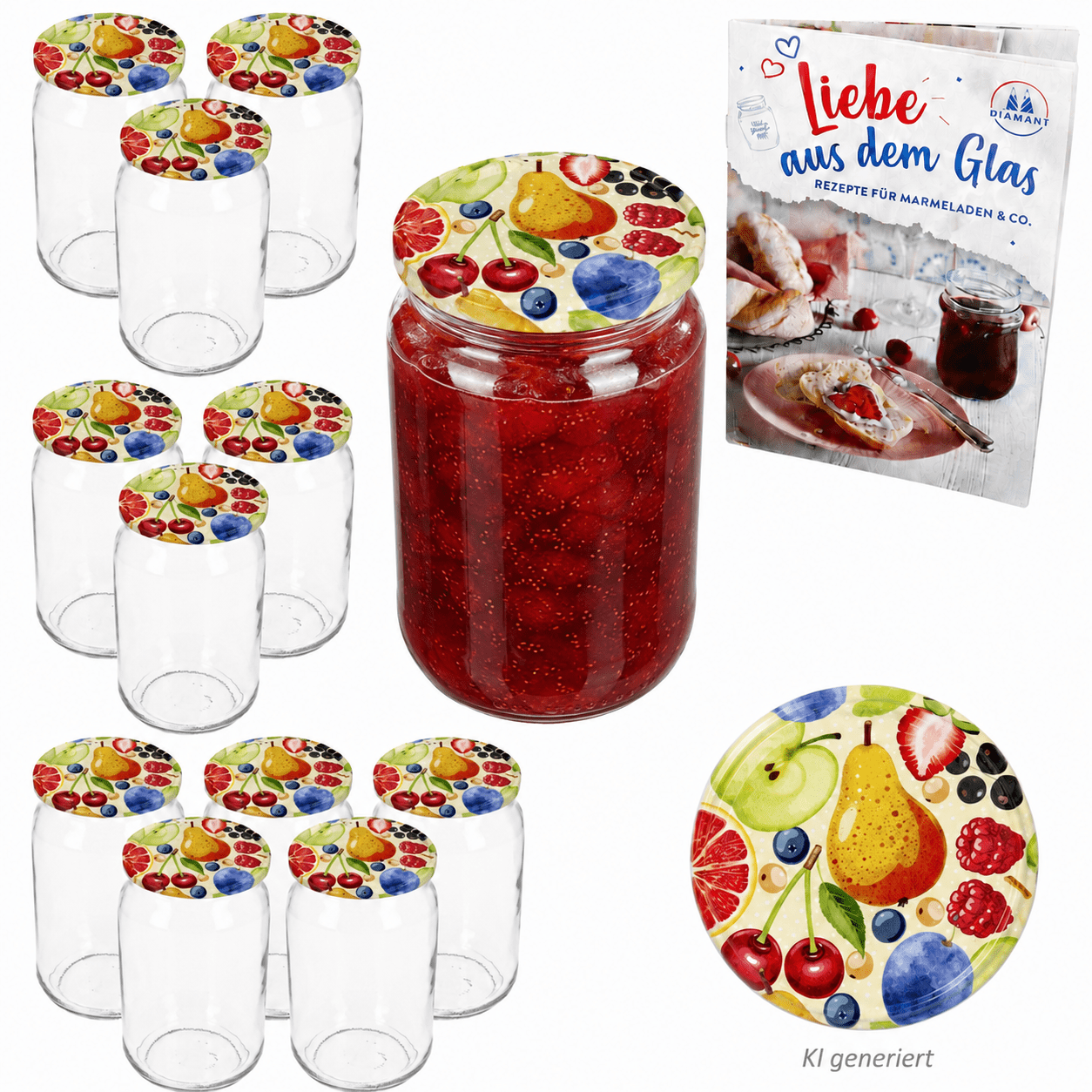 12-piece Set 720ml Canning Jars With Lids, Comic Fruit Round Jars, Storage Glass Containers