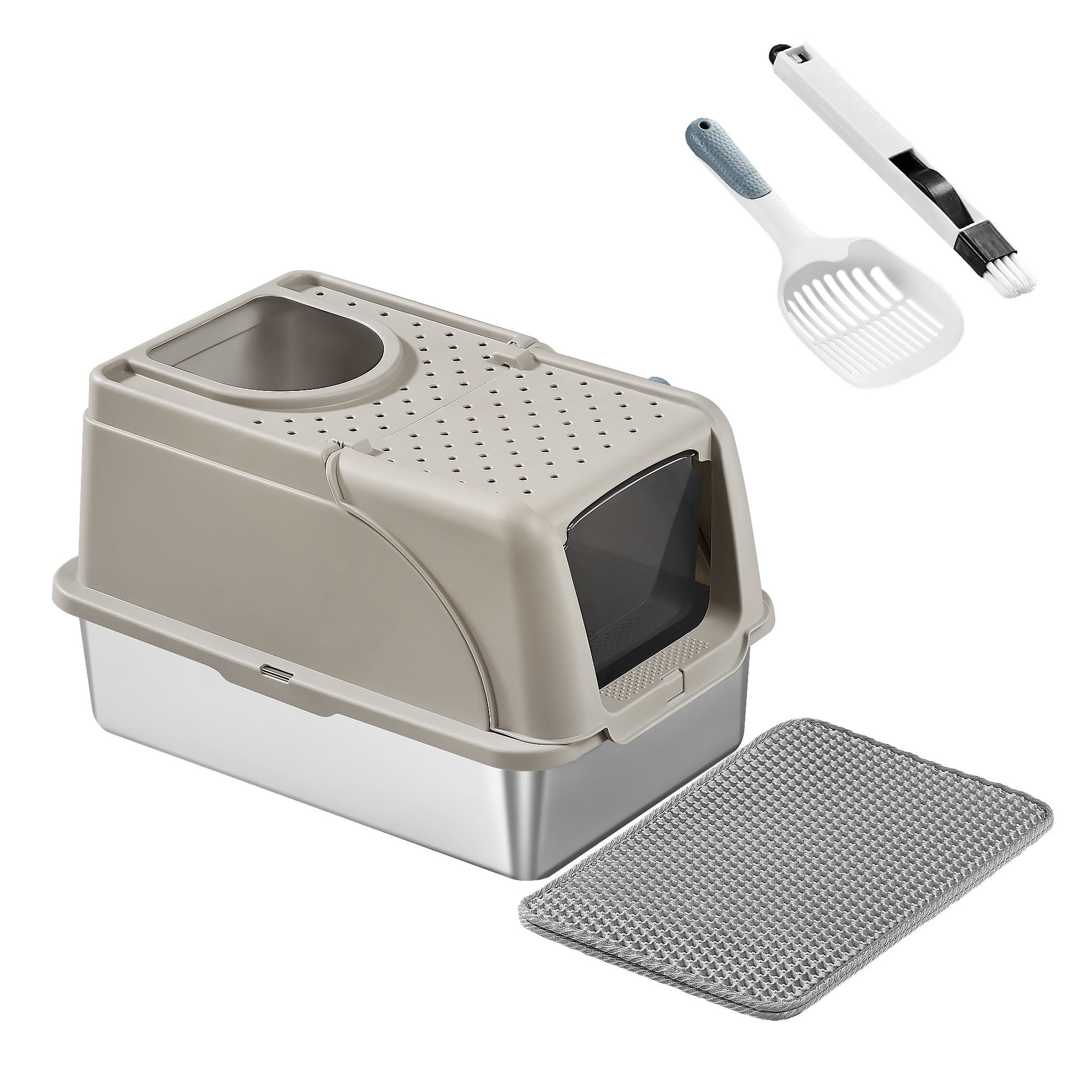 TEMU de arena para gatos de metal XL con abatible, antiescape, entrada, para casa, beige