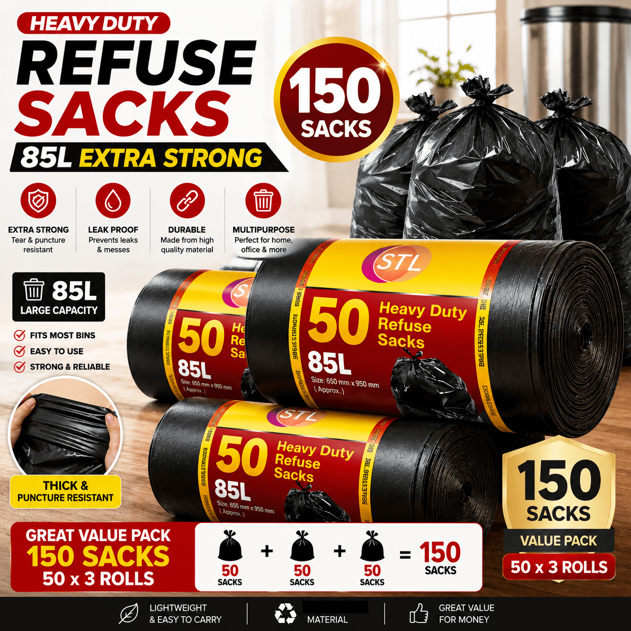 TEMU 150 (roll Of 50 Bags X 3 Rolls) Extra Strong Heavy Duty Black Bin Liners Rubbish Bags Waste Garbage Sacks