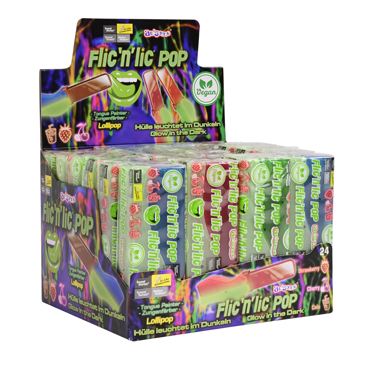 Flic N Lic Pop Glow In The Dark Lollipop Delicious Lolly 14g 24-pack
