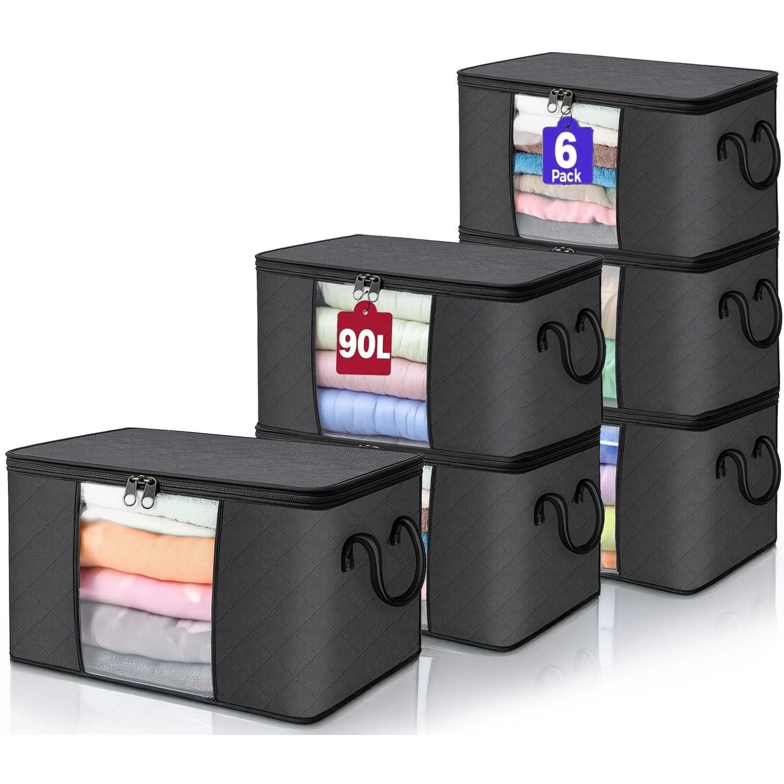 TEMU Lakhmaali Storage Bags Pack Of 6 – 90l Large Clothes Organisers With Clear Window, Dual Zippers & Reinforced Handles – Foldable Fabric Storage