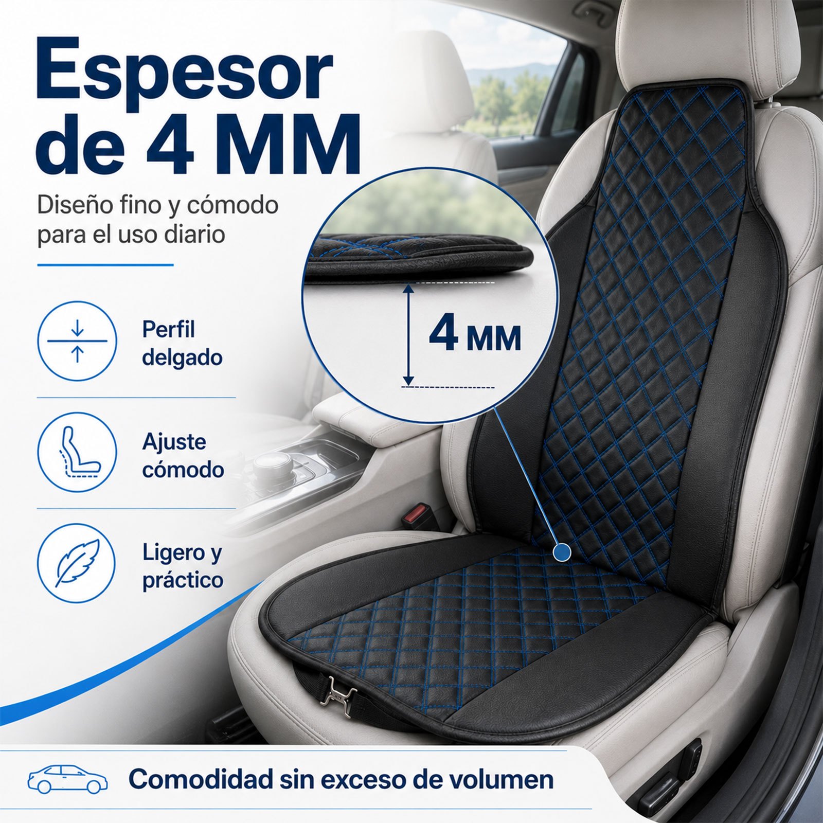 TEMU Cojín Universal para Asiento de Coche, Protector de Asiento Delantero de PU con Costuras Azules, 4 mm Delgado, Diseño Antidesgaste con Ganchos,