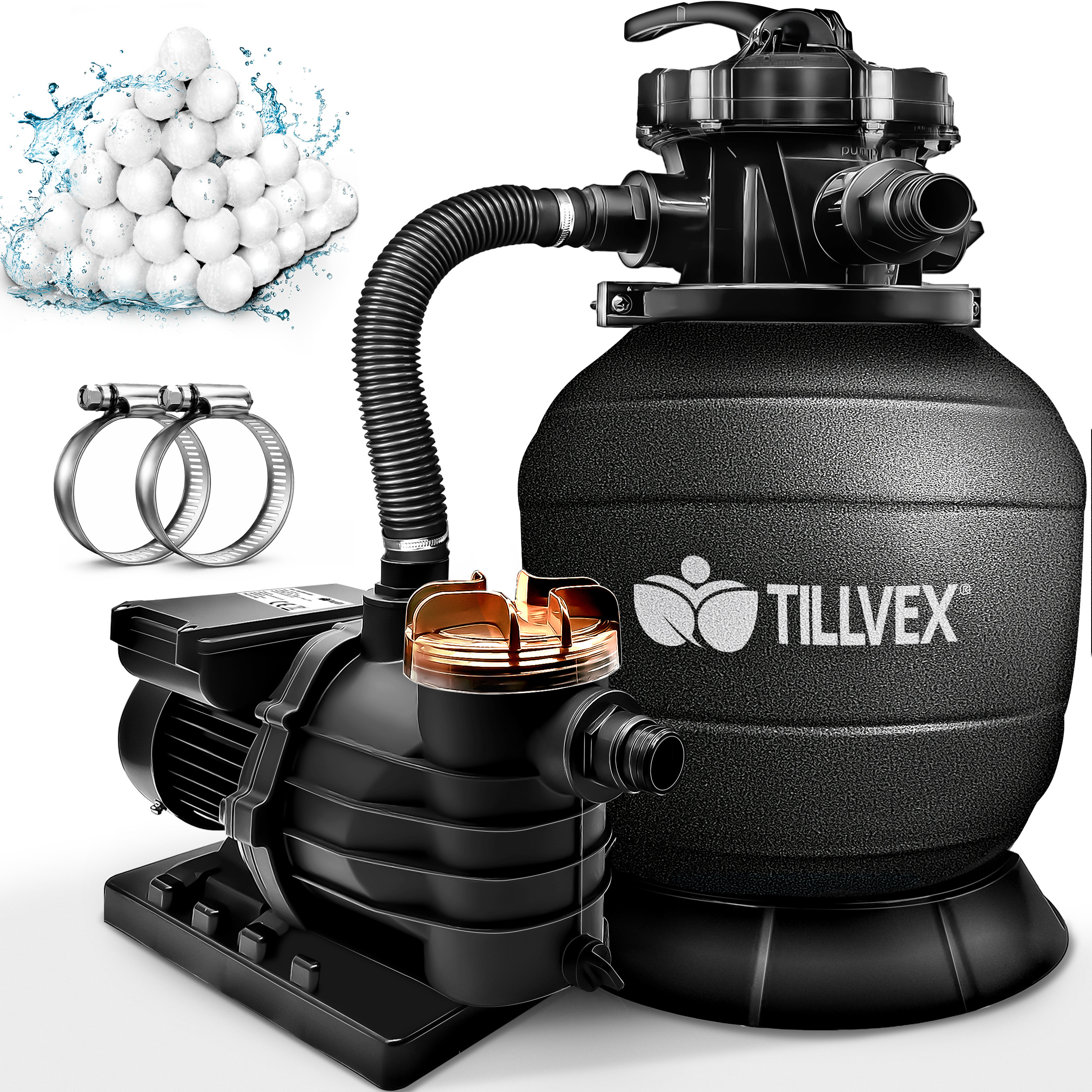 Tillvex® Sand Filter System Pool 10 M³/h . 800g Filter Balls | Filter -way Valve & Adapter Ø32mm - 38mm | Pool Filter With Pressure Gauge | Complete Sand Filter Set For Swimming Pools