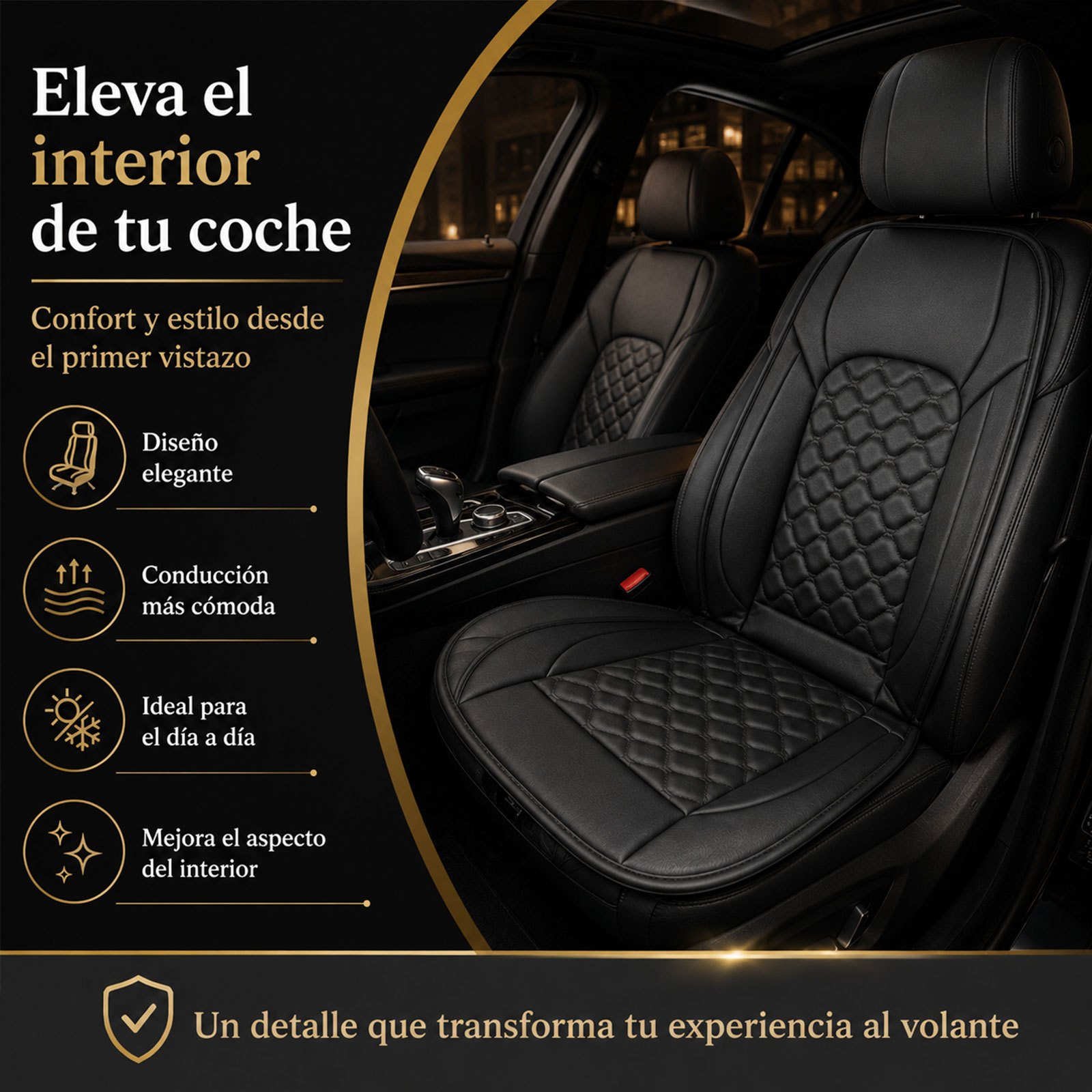 TEMU Universal para Asiento Delantero de Coche, Fabricada en Cuero PU, con Costuras Acolchadas Negras, Diseño Delgado de 4 mm, Fijación con Ganchos,